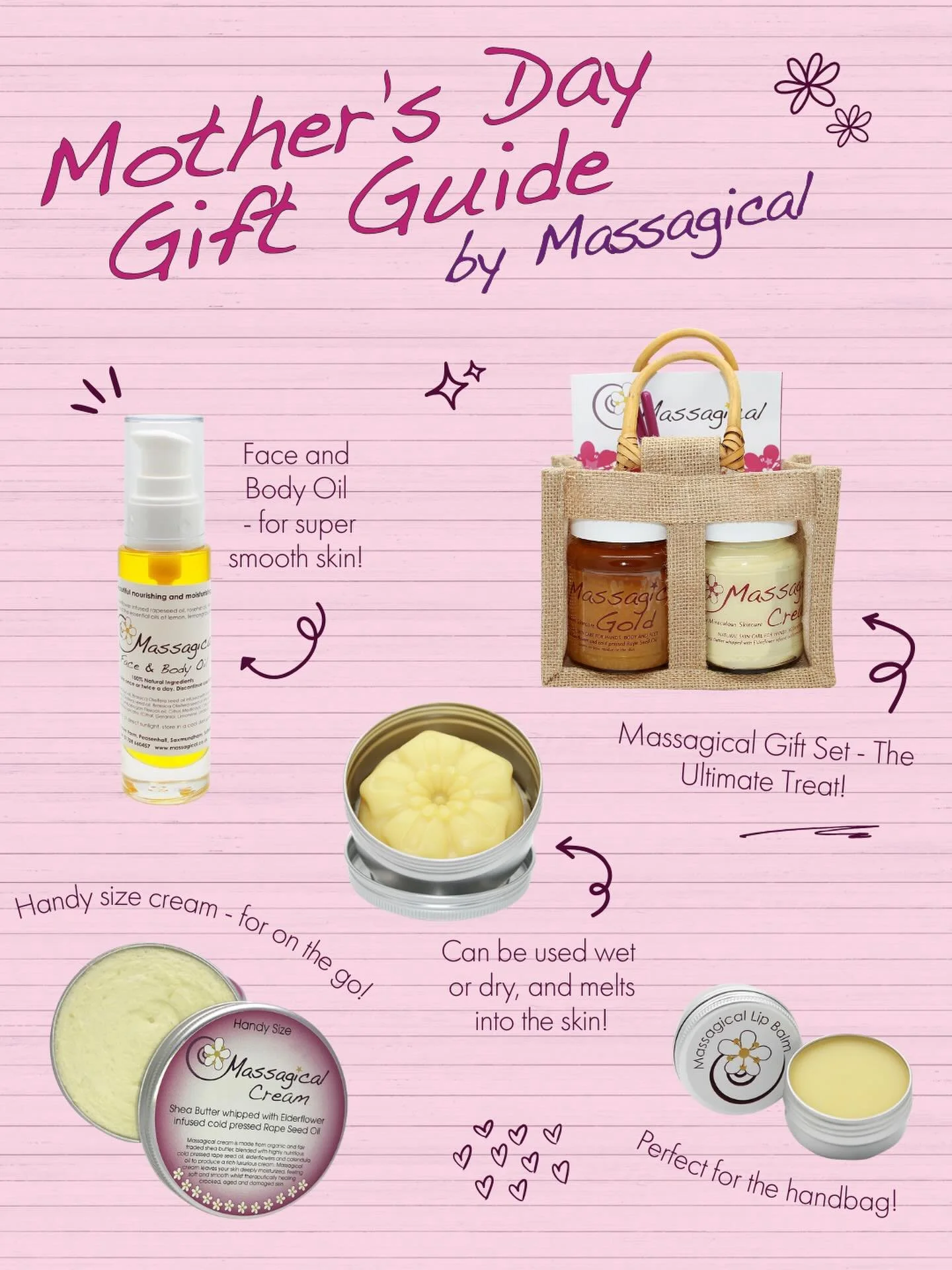 Mother's Day is fast approaching- Sunday 15th March in the UK (only a week today!) 🌸

Looking for a special gift? My natural, handmade skincare products make perfect presents! Try the Massagical Gift Set for long-lasting soft skin, or the lip balm a