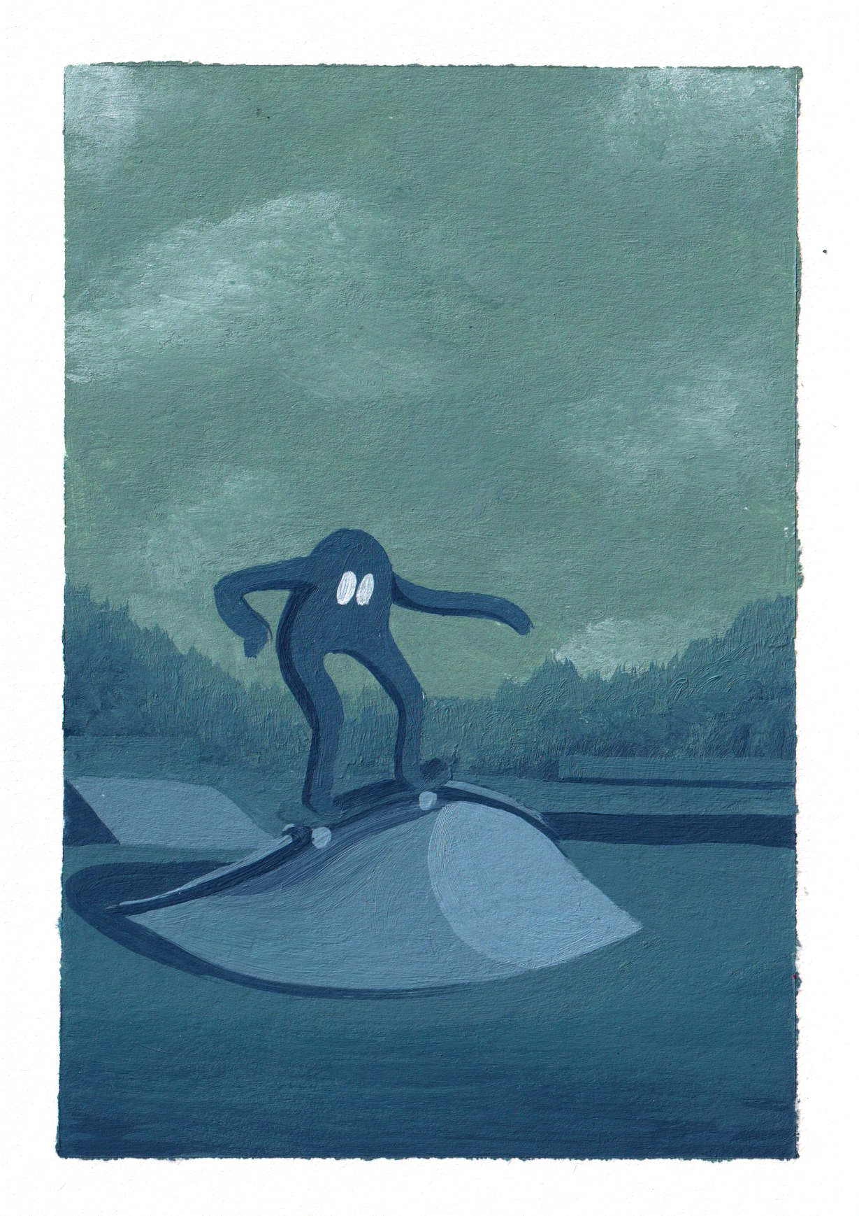  An acrylic painting of a character doing a ride-on 50-50 grind at City Mill skatepark. Muted blues and greens are used with dappled clouds in the sky.  