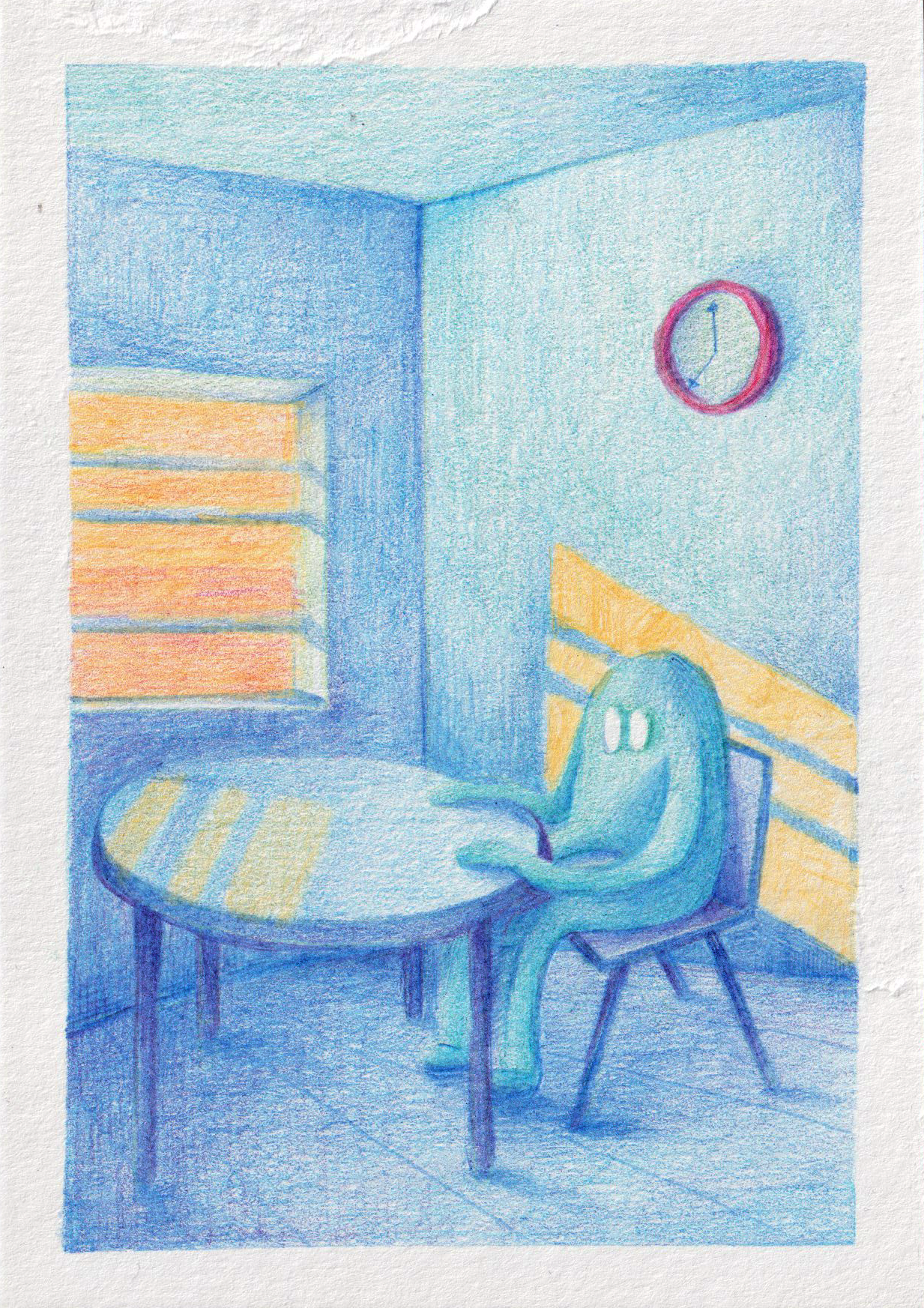  A colour pencil drawing of a blob-like character sitting at a dining table whilst the sun comes through the window. A red clock on the wall shows it is 7am.  