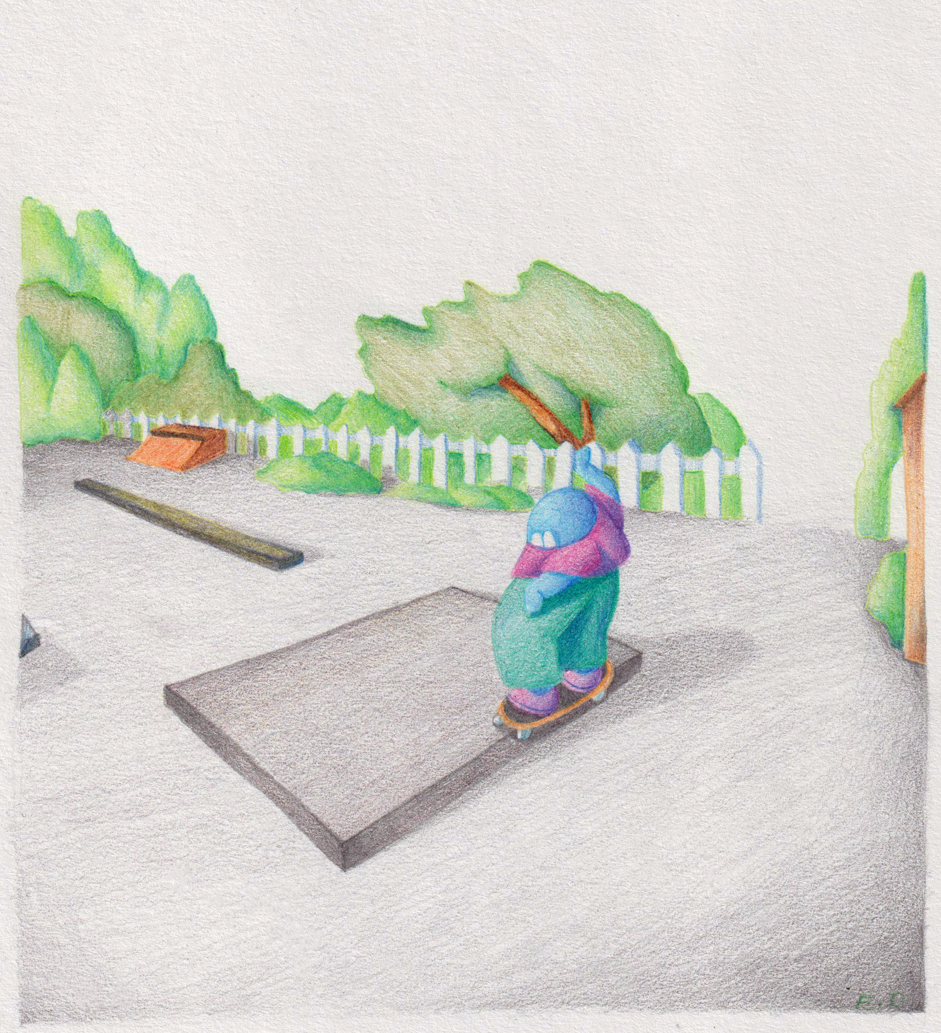  A pencil sketch of a character doing a 50-50 grind on a curb at The Grove DIY park in South London.  
