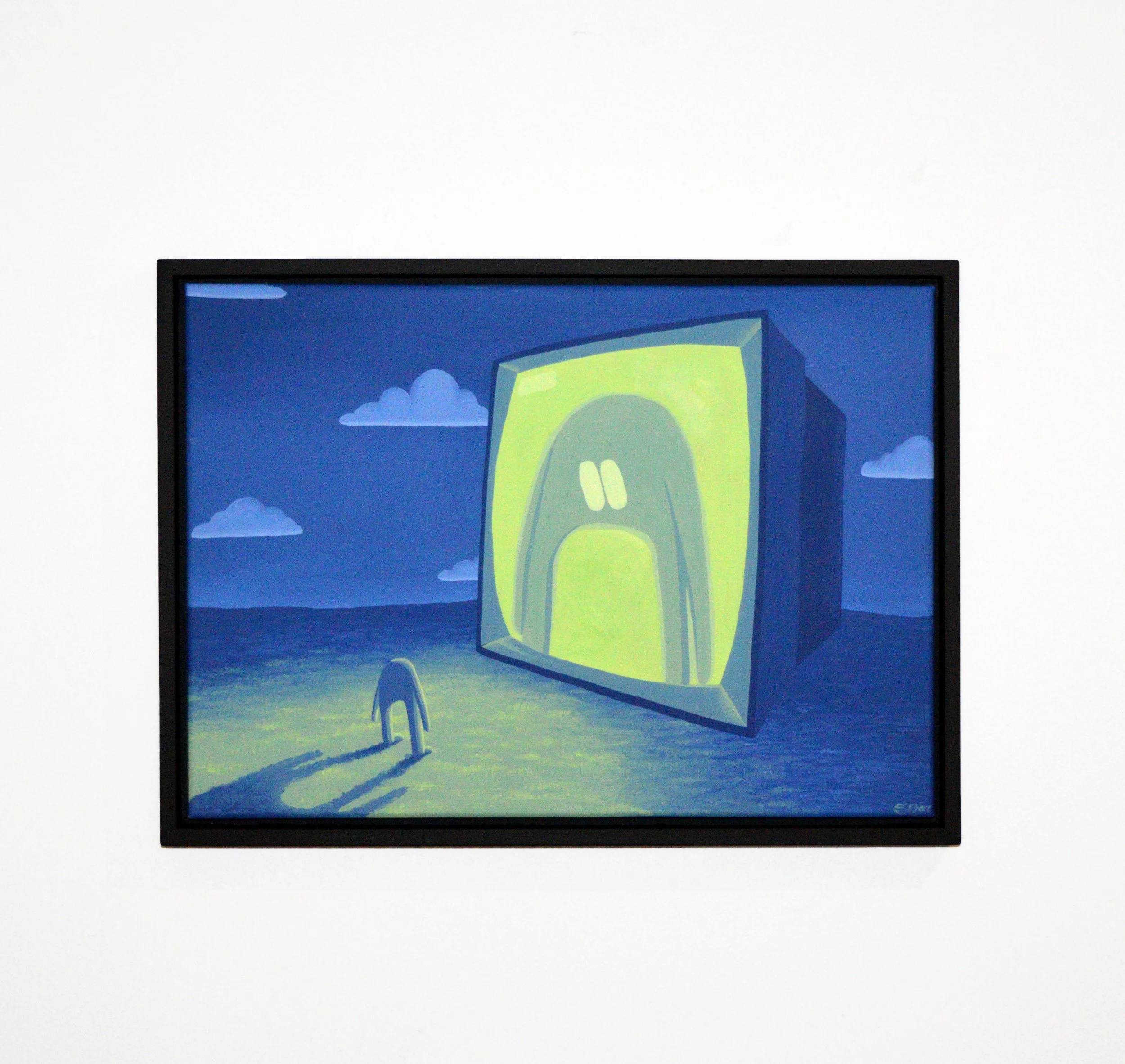  An acrylic painting of a small character making eye contact with a large character on a television screen. The TV is gigantic and placed on top of a hill with cartoon-like clouds behind.  