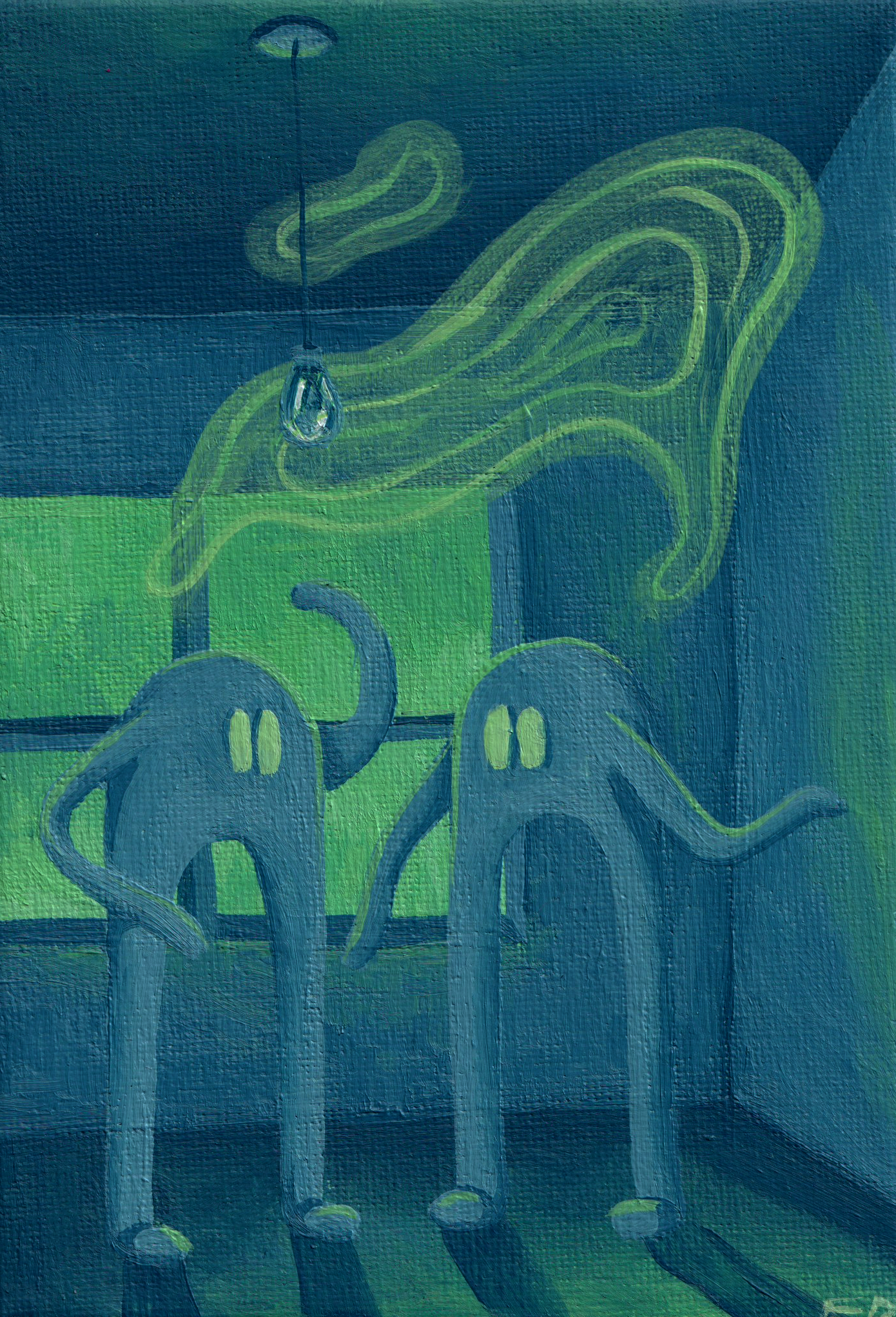  An acrylic painting of two characters in energetic conversation in an empty room by a window. Above them is a green bubble emulating the energy of the conversation.   