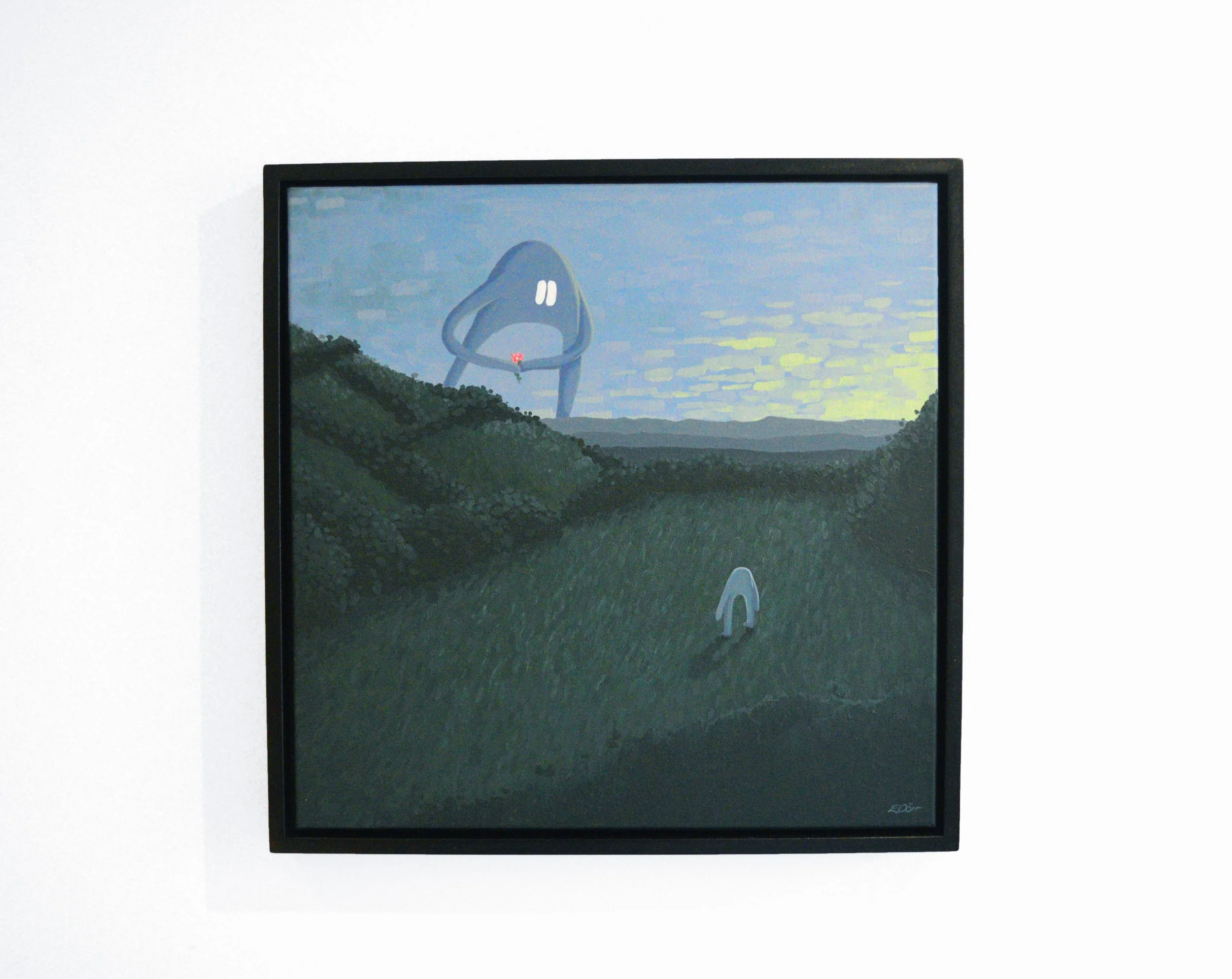  A framed acrylic painting of a mythically giant character offering a flower to a smaller character below. It is twilight in the Brecon Beacons with pale green light dappled in the sky.  