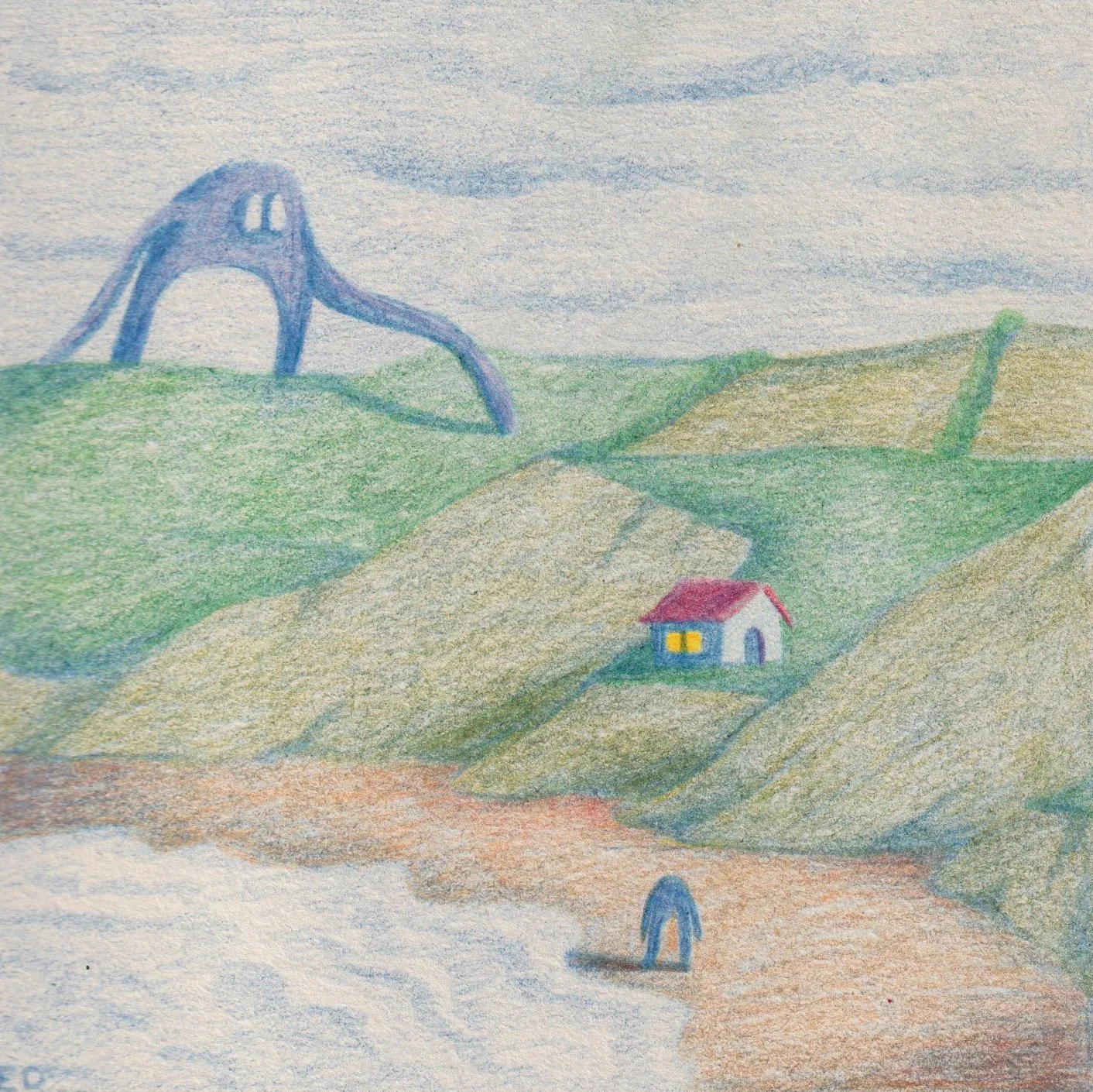  A pencil drawing of a mythically large character greeting a smaller character on a beach from behind the hills. A small white house with a red roof sits on top of the hill.  
