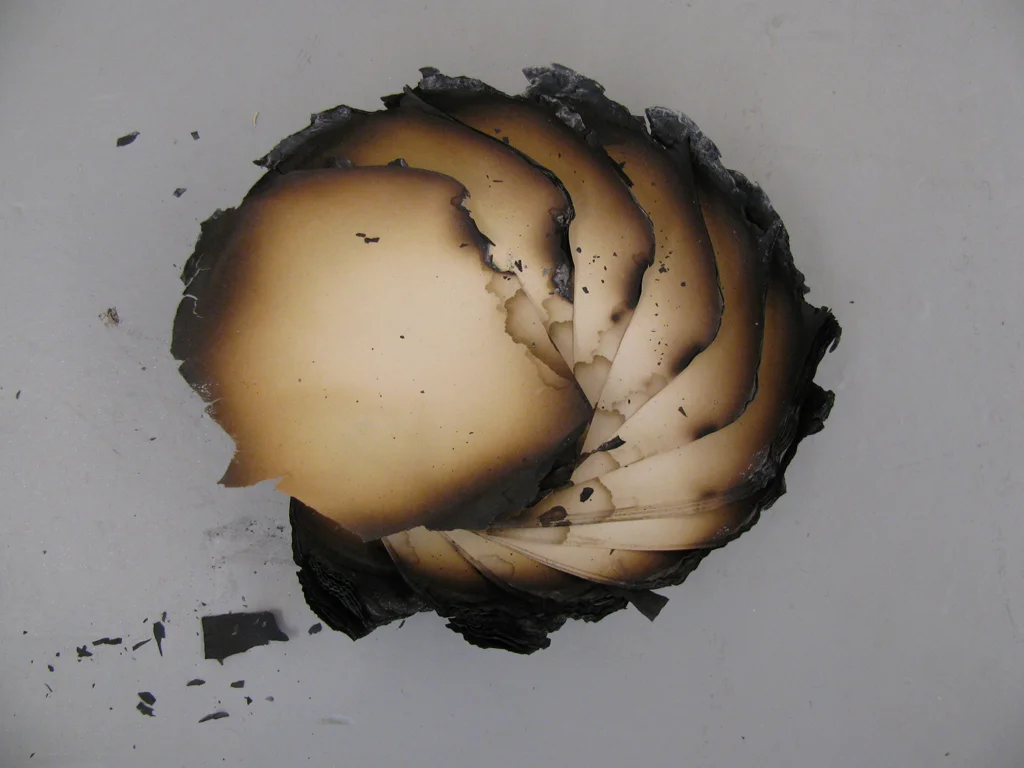 Tales of Former Objecthood, Tiny Relics 2, 2010, Paper, fire, 2x5x5 inches 
