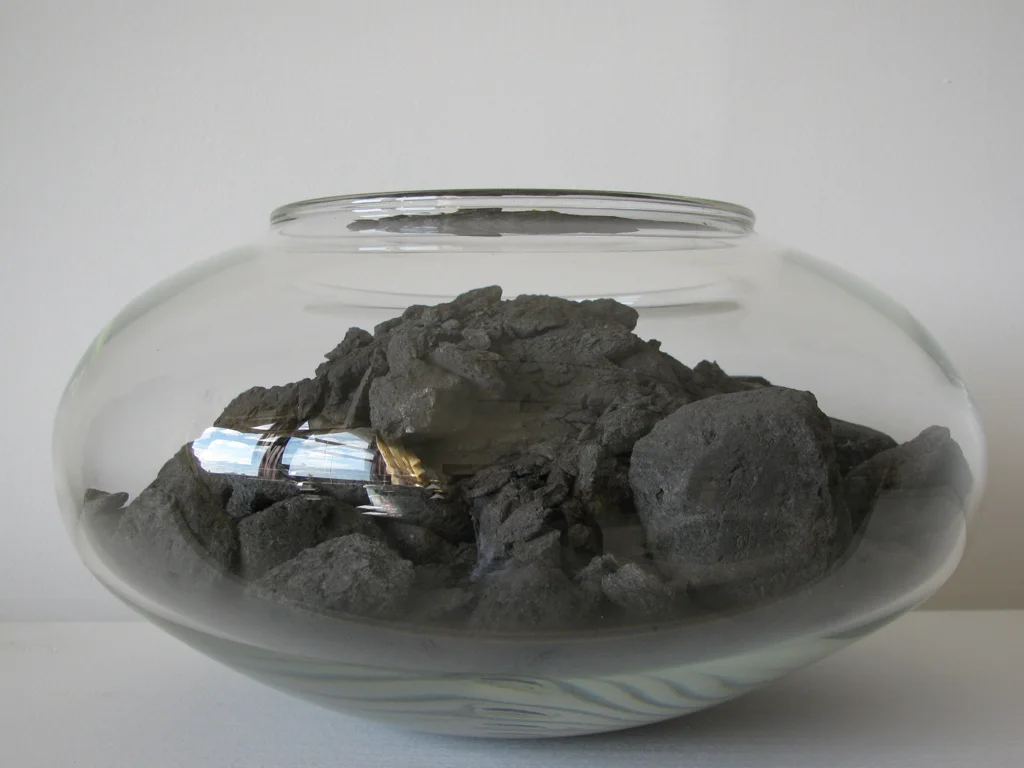 Tales of Former Objecthood, Relic 2010, Charcoal from Minimalist Block, Glass, 7x12x12 inches