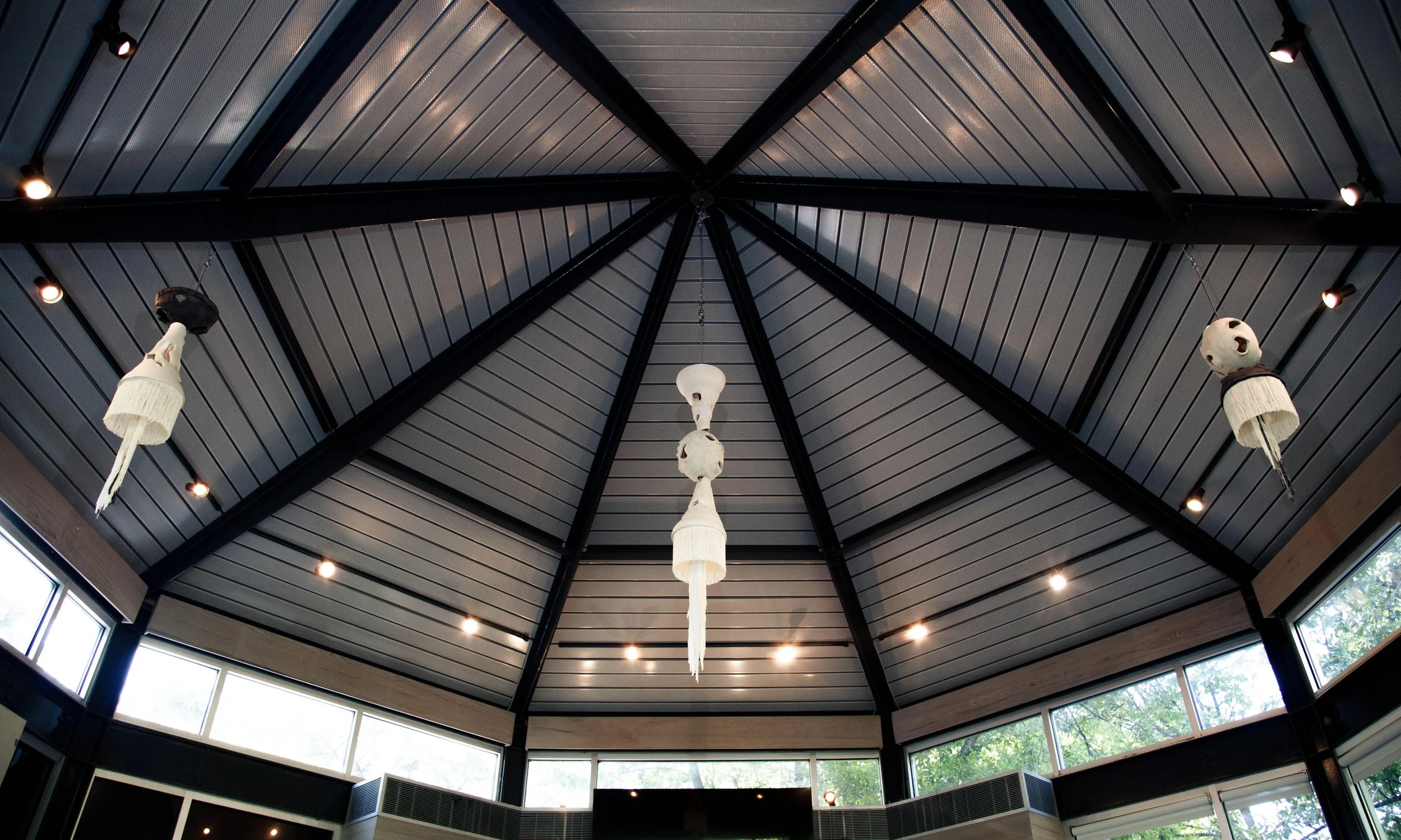 Installation View, Totems at The Umlauf Sculpture Museum and Gardens, Porcelain, Spanish Shawl Tassel, Mother's Clothing, Daughters Gestures, Grand Daughters Gestures, Photo Credit: Ian Clennan