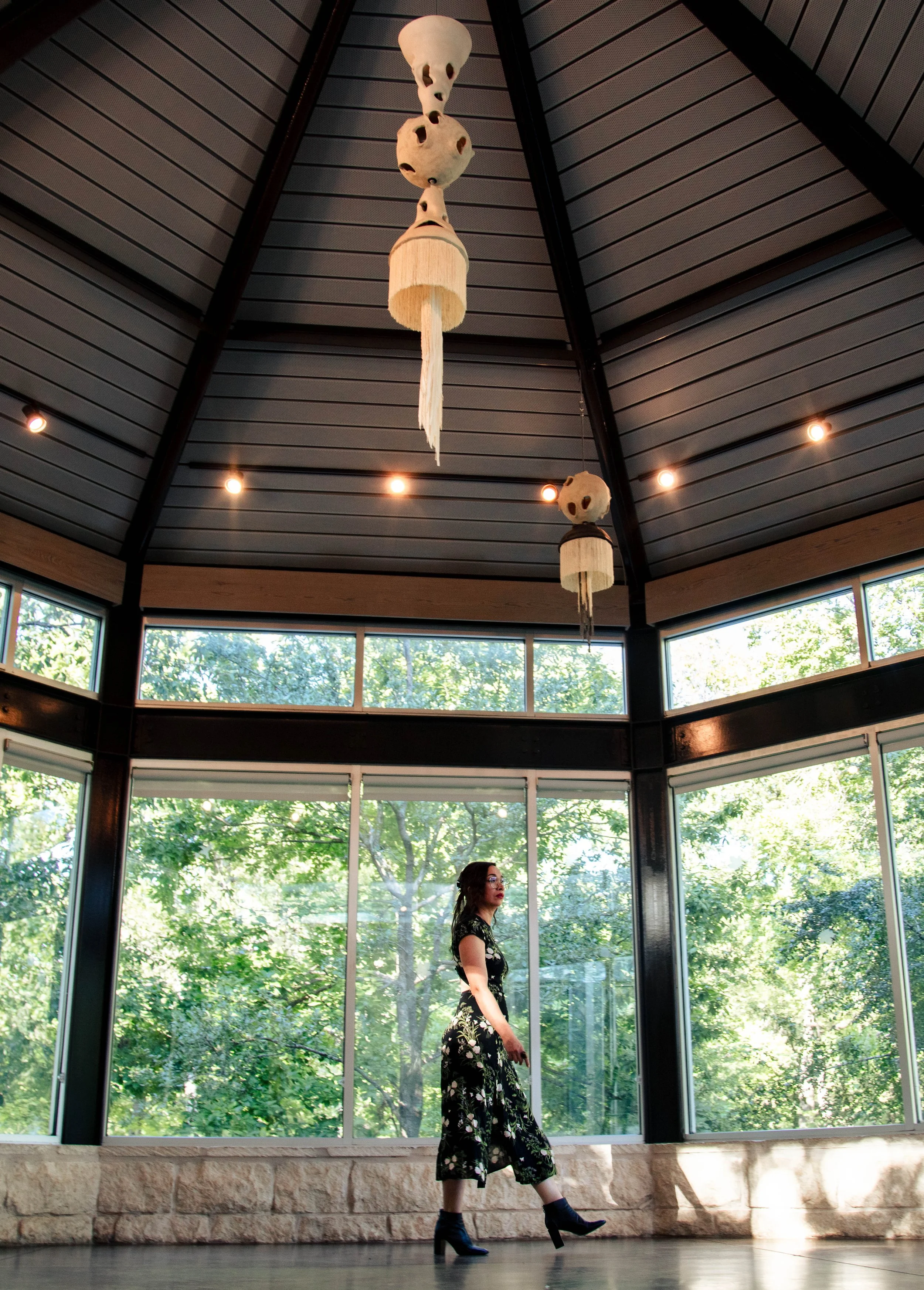Installation View, Totems at The Umlauf Sculpture Museum and Gardens, Porcelain, Spanish Shawl Tassel, Mother's Clothing, Photo Credit: Ian Clennan