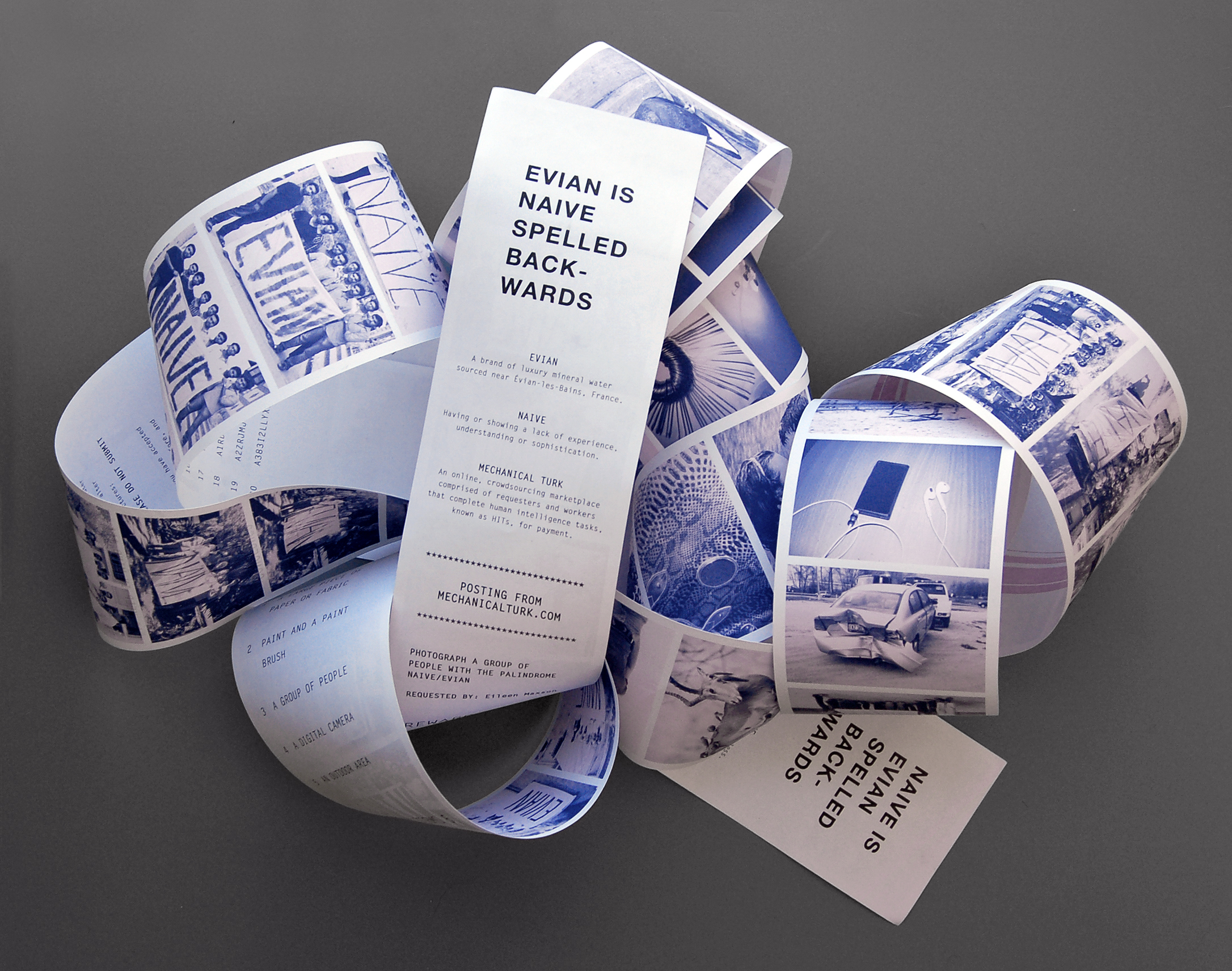 A two-sided photographic print that is long and narrow. It's printed to look like an extra-length cash register receipt with text on the front and images on the back printed in purple.