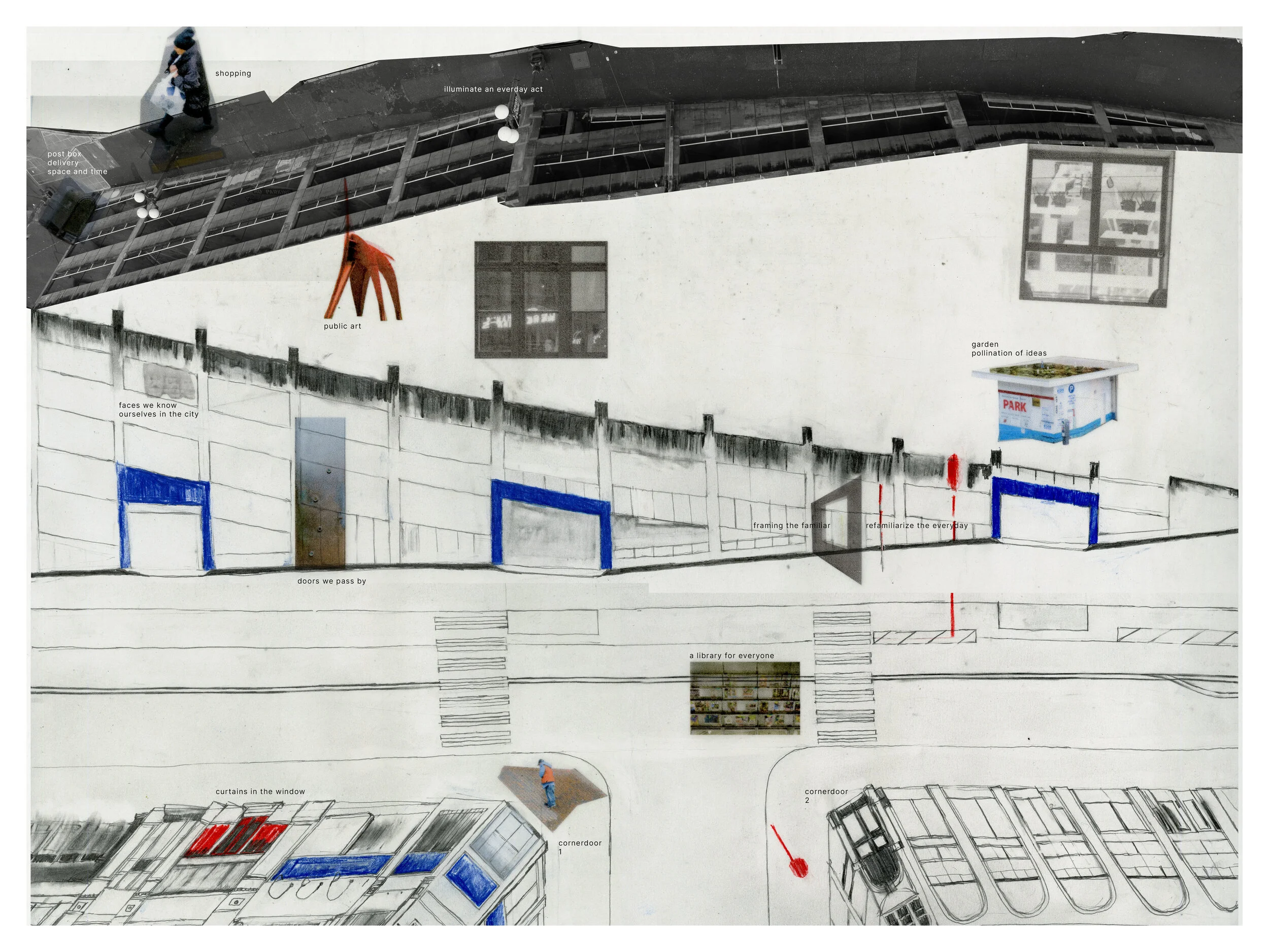 Site inventory, hybrid drawing. Scanned photo collage, graphite, watercolour pencil.