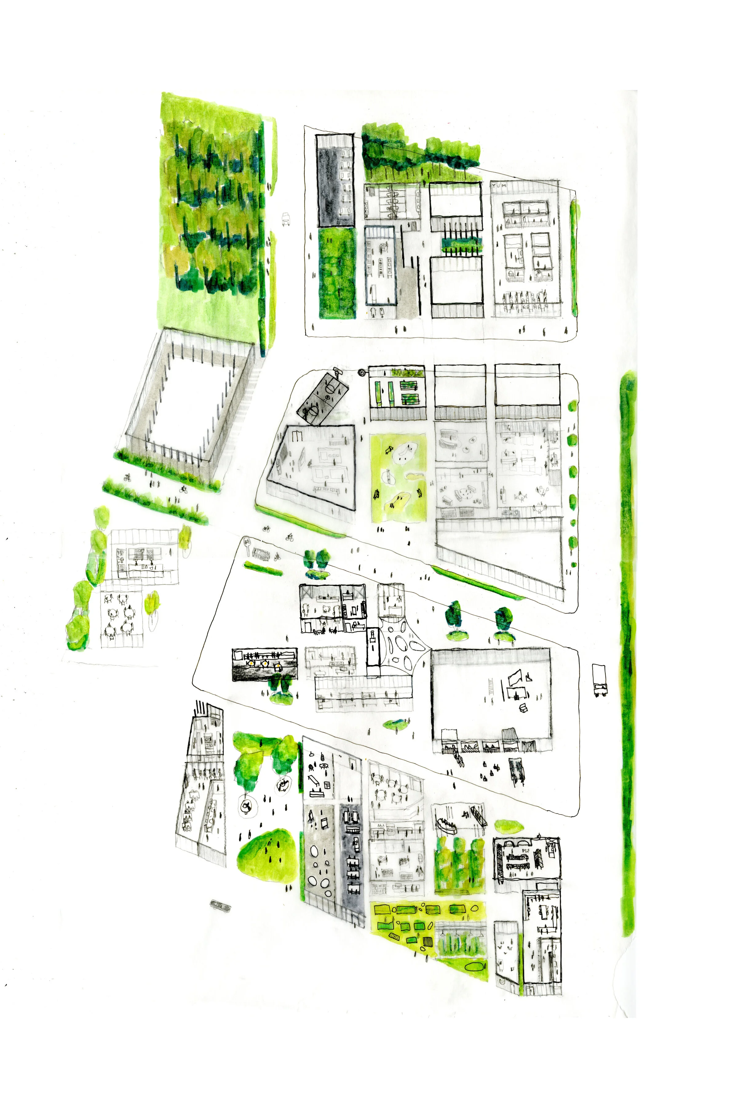 Site axonometric, graphite, brush pen, fineliner.