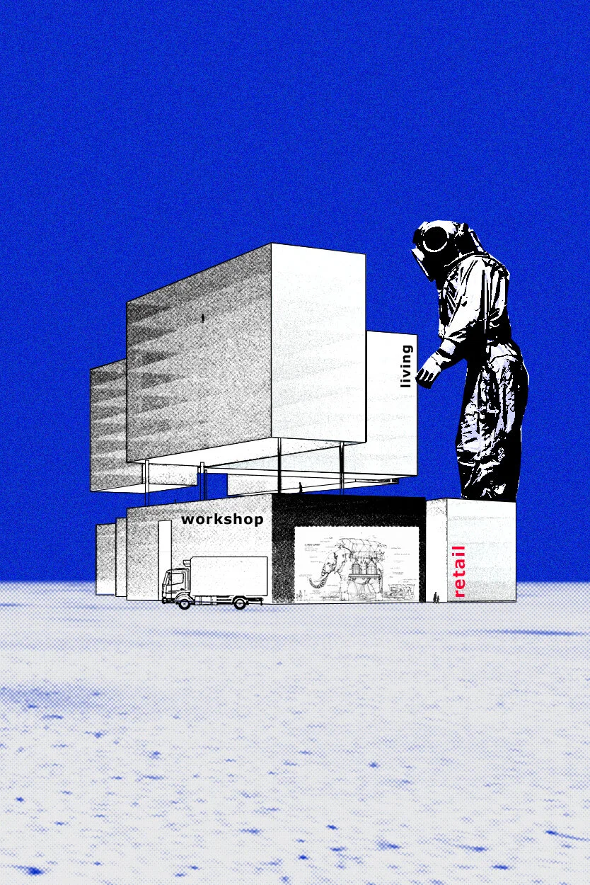 Concept digital collage, workshop and living.