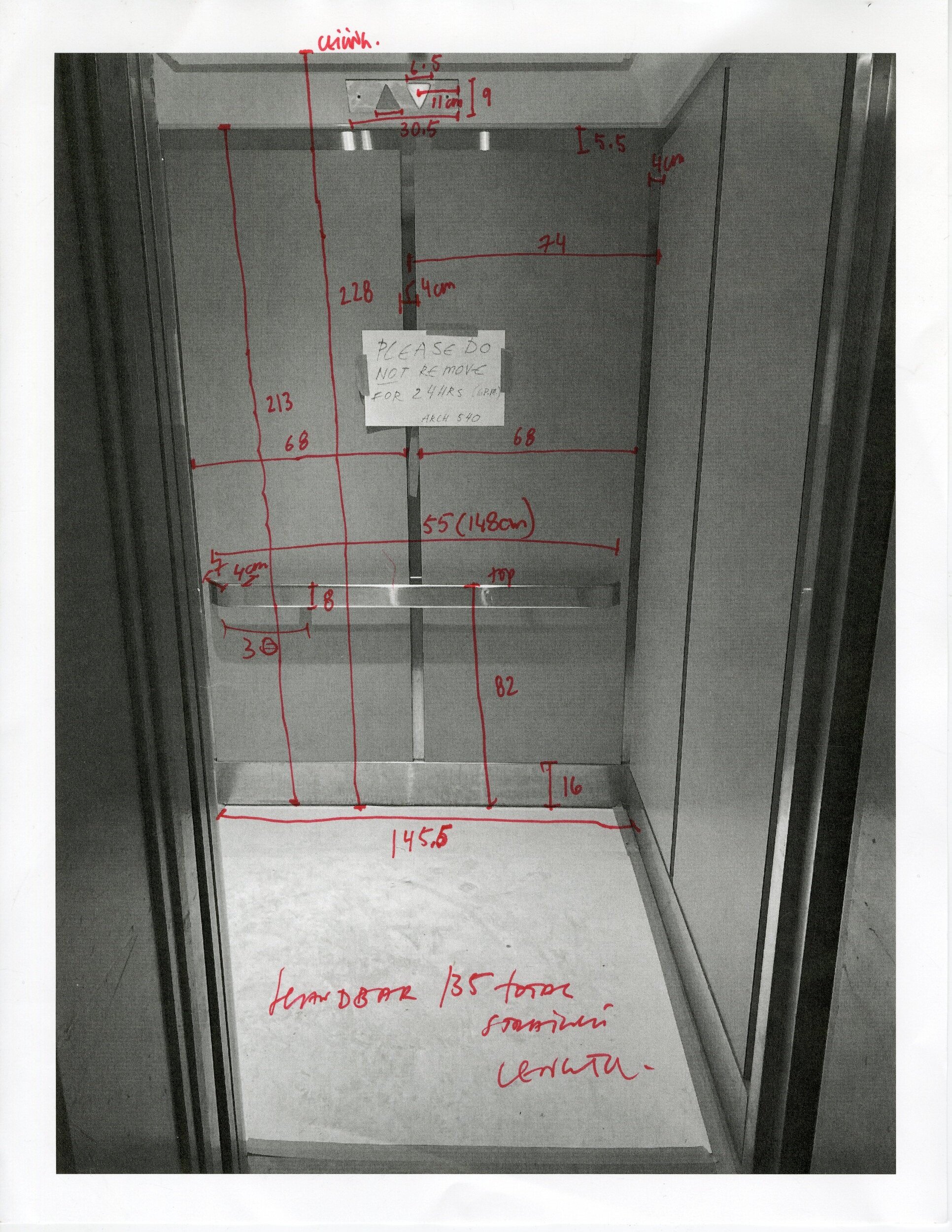 Rough measurements of the back face of the Lasserre elevator. The paper on the floor captured marks and traces of movement within the space.
