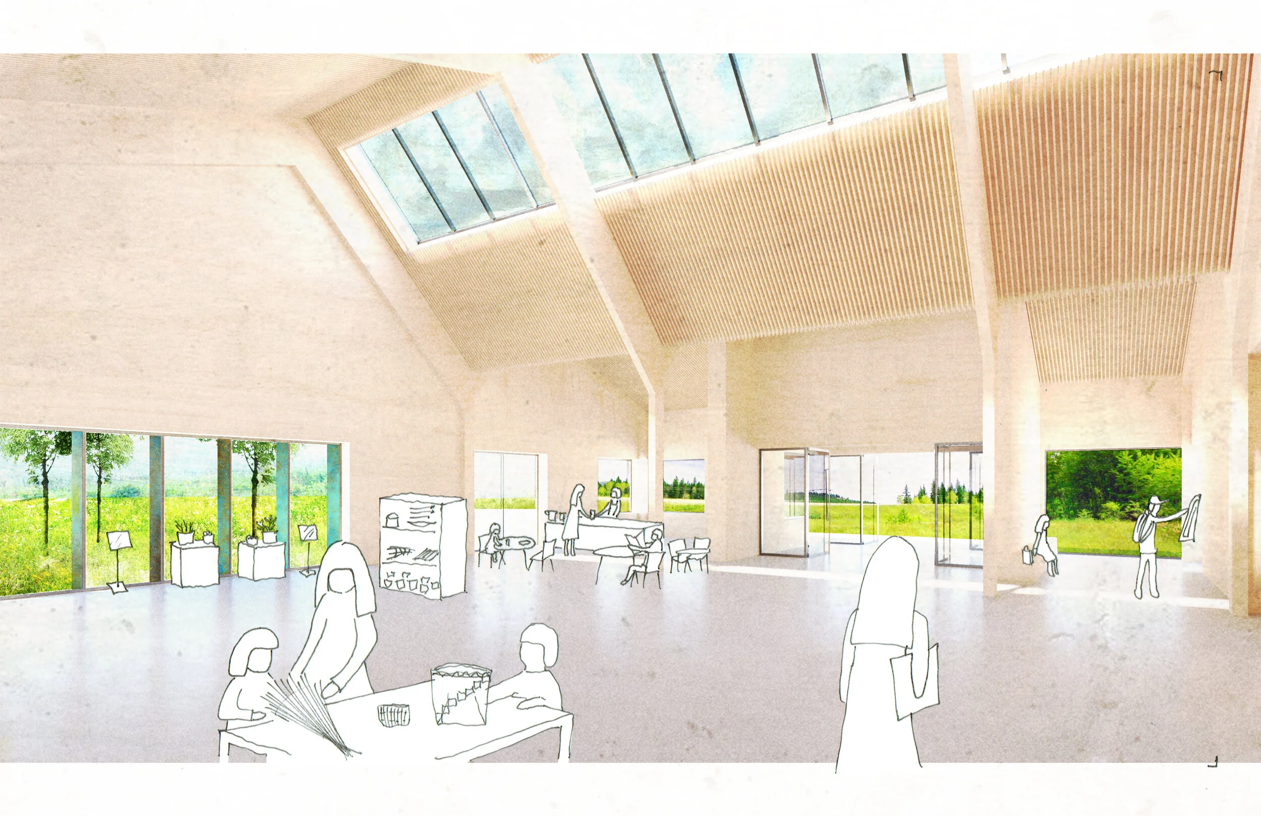 Main hall, looking towards entrance and Cariboo Highway.