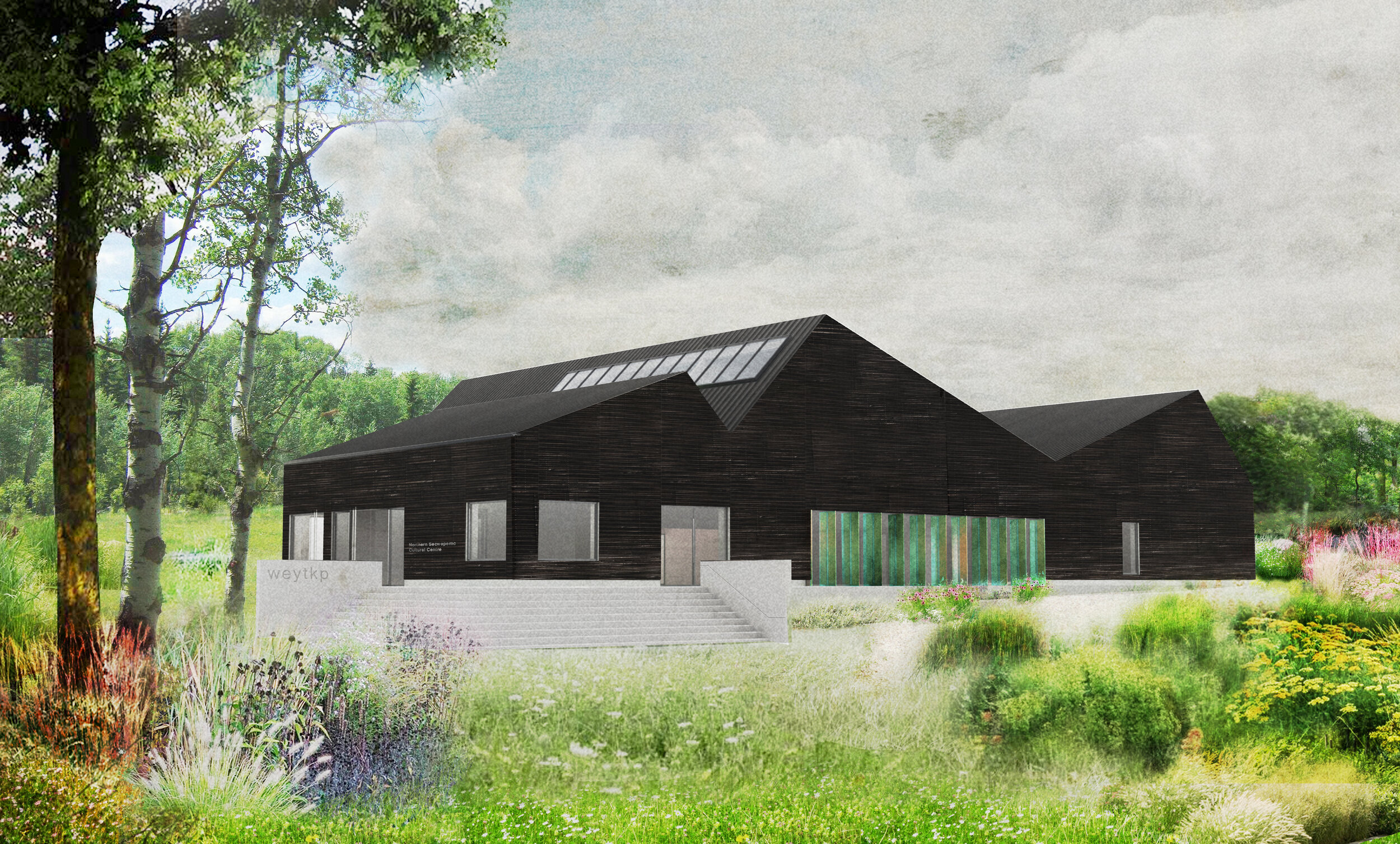 Exterior render, approach from parking lot and constructed bridge.