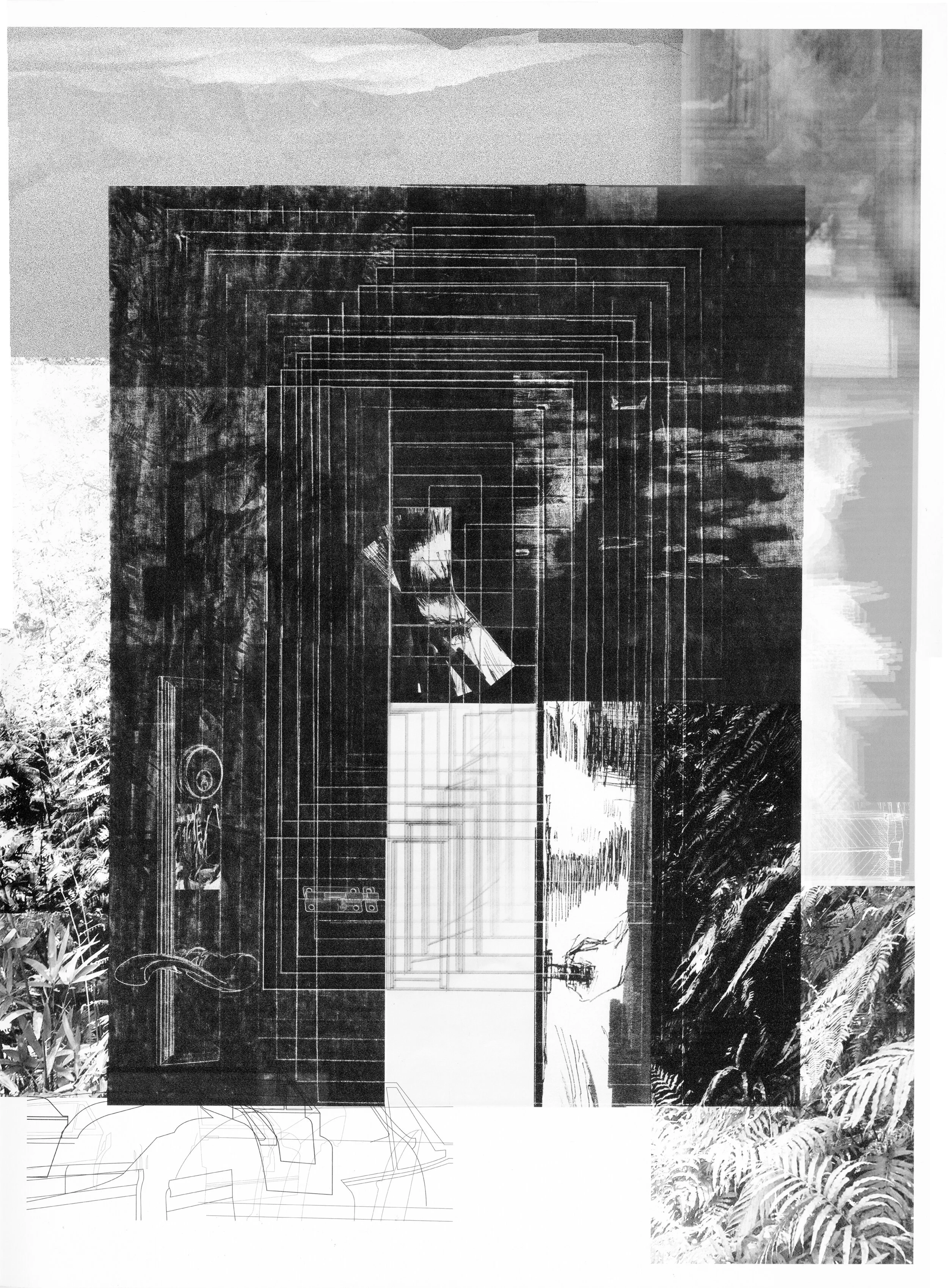 Final composite drawing, overlaying the simultaneity of experiences through the act of opening and closing the door. It is an overlay of my own drawing and iteration of feeling Dieter’s experience, hybrid digital/hand drawing.