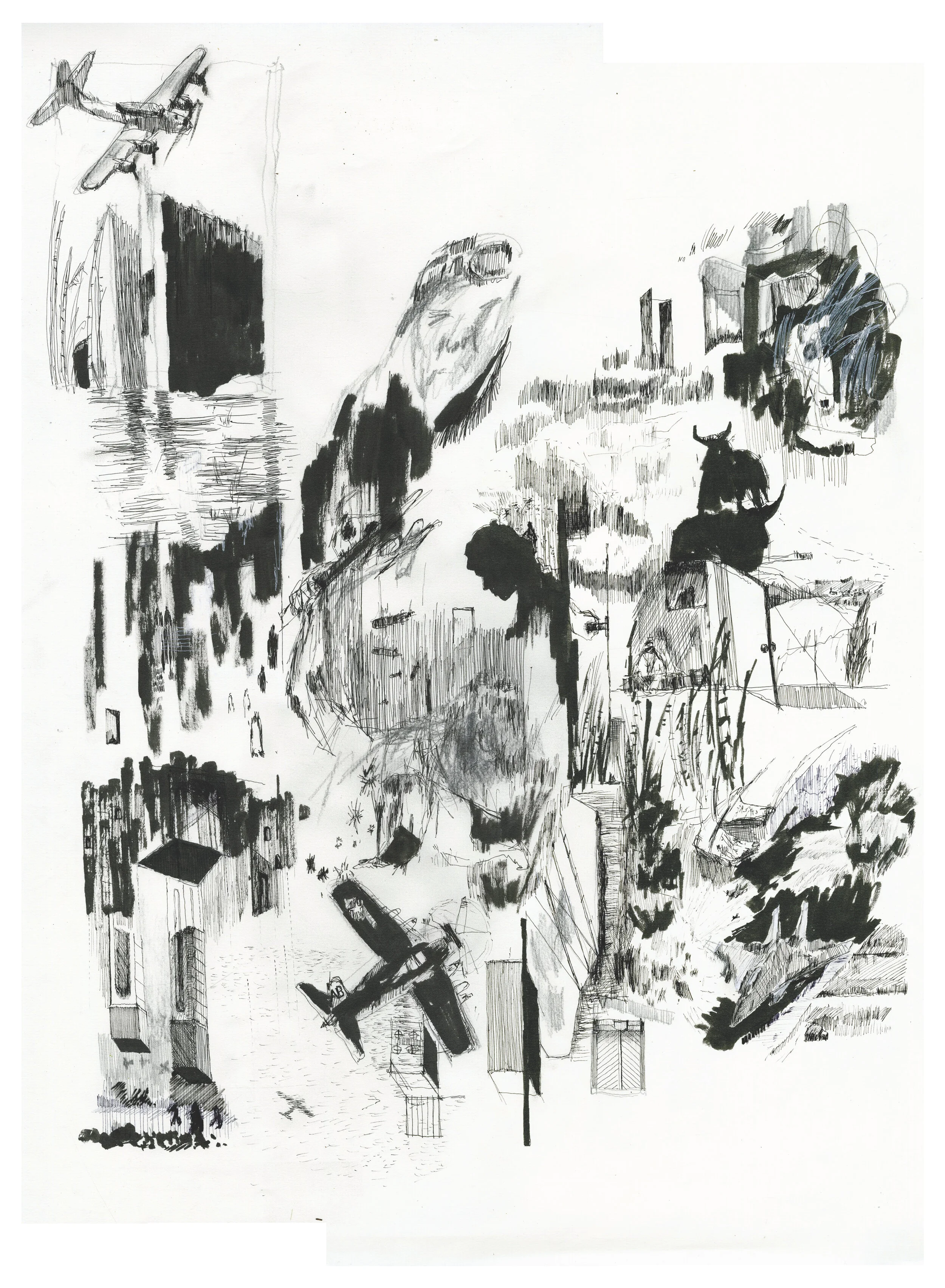 First drawing after watching Werner Herzog’s Little Dieter Needs to Fly (1998) twice. It is a stream of consciousness and freethought developed by recalling, drawing, associating, drawing, recalling, ad infinitum.