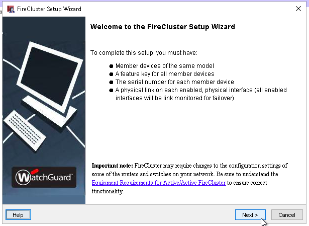 WatchGuard FireCluster Setup Wizard screen shot