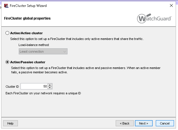 WatchGuard Active/Passive cluster selection screen shot