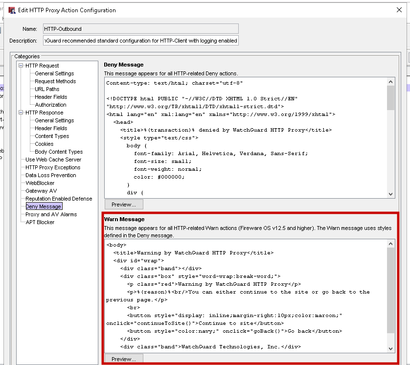 WatchGuard Edit HTTP Proxy Action Configuration screen shot