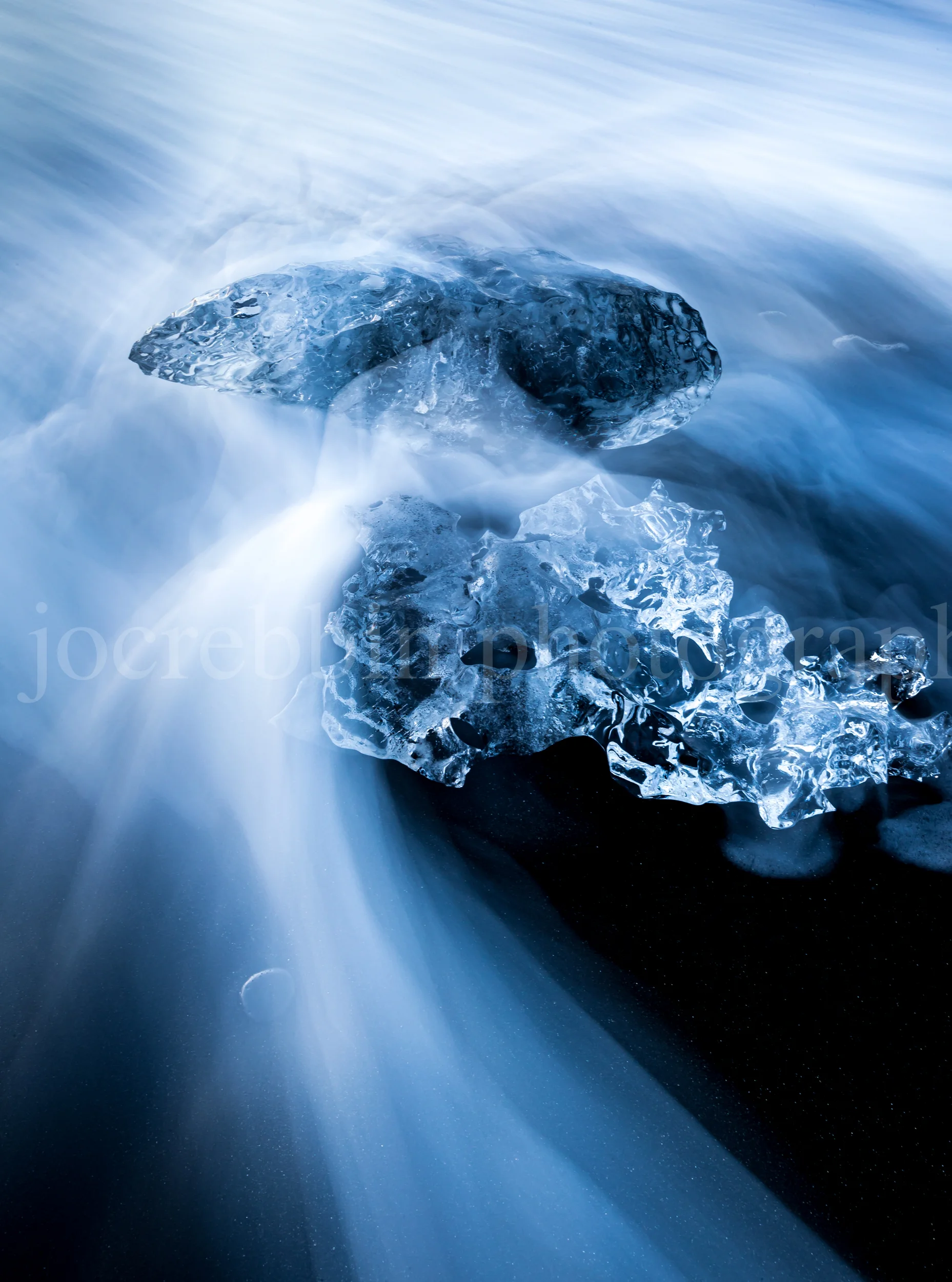 Artistic blurred water flows over ice in Iceland.jpg