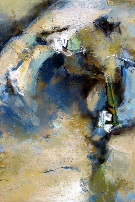 "Aural Persistence" 60 x 40 in. — oil & mixed media w/ antique player piano paper