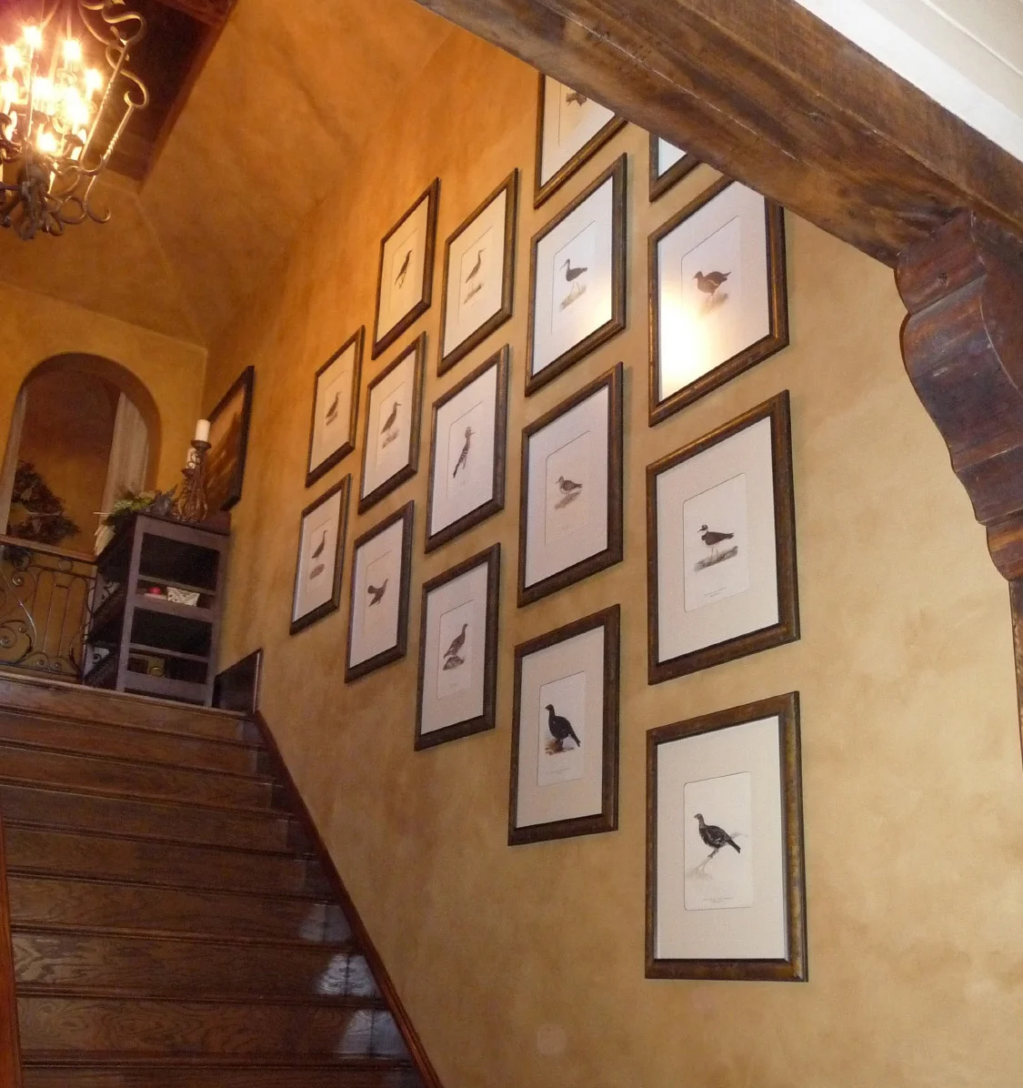 photographs arranged on a staircase wall