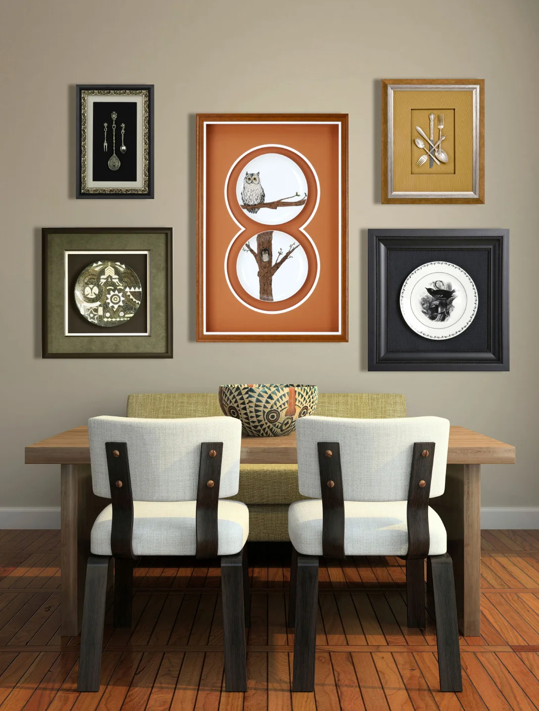 dining room with several framed art pieces on the wall