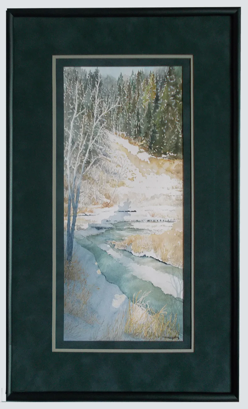 Artist watercolor of stream in winter
