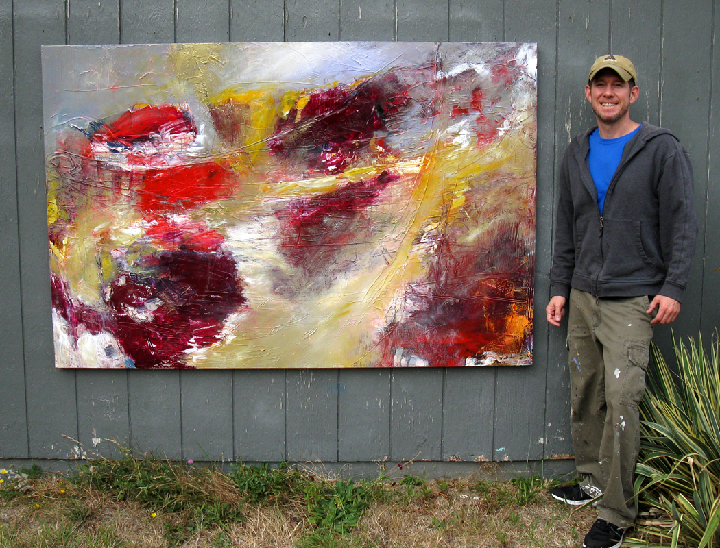 Mathie with "Dahlia Garden," 48 x 72 inches, before it went to gallery.