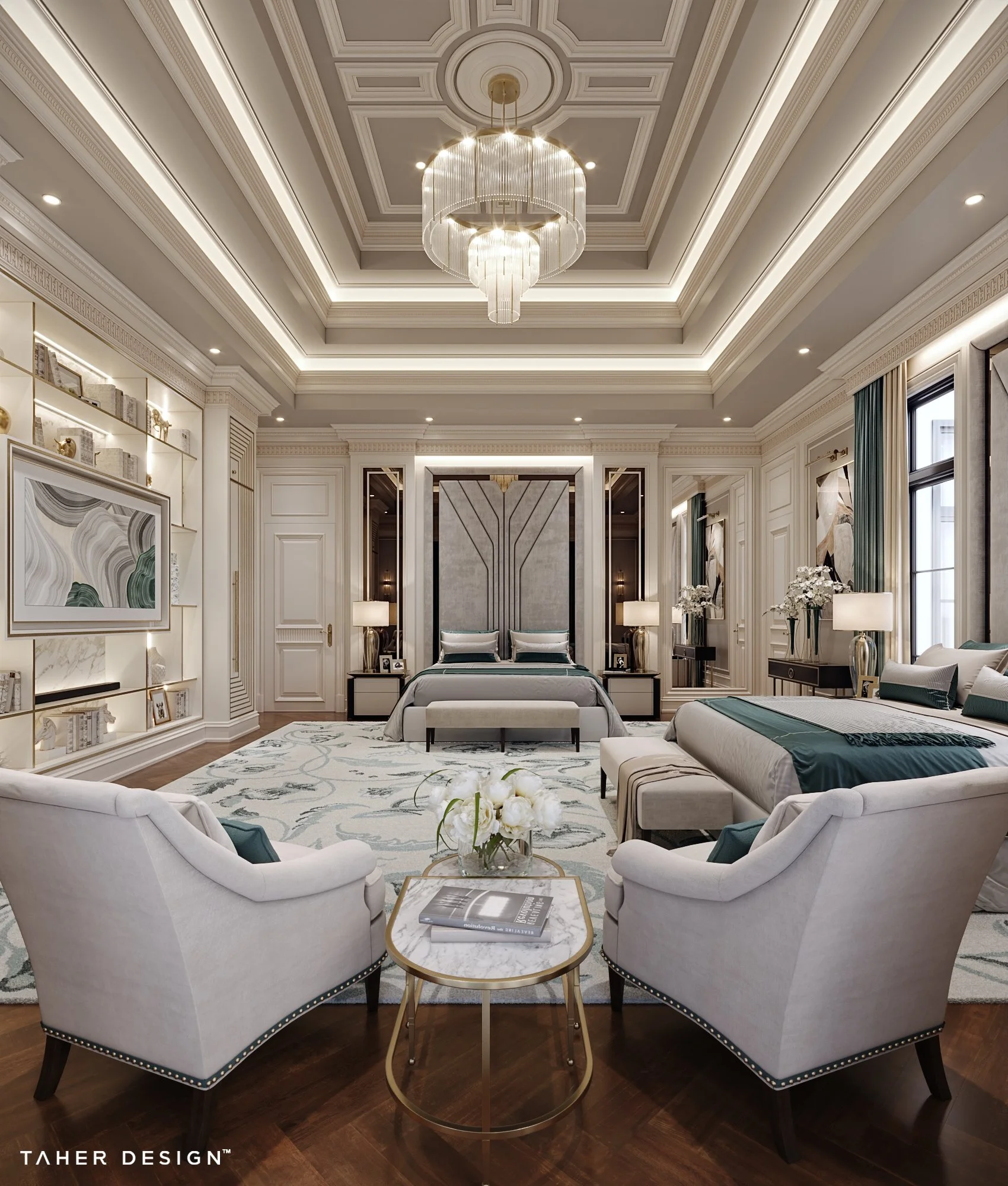 Atlanta Mansion | Bedroom Suite No. 7

One of ten individually designed bedroom suites within this private residence in Atlanta.

A refined composition of classical detailing, soft neutral tones, deep emerald accents, and warm brass&mdash;extending f