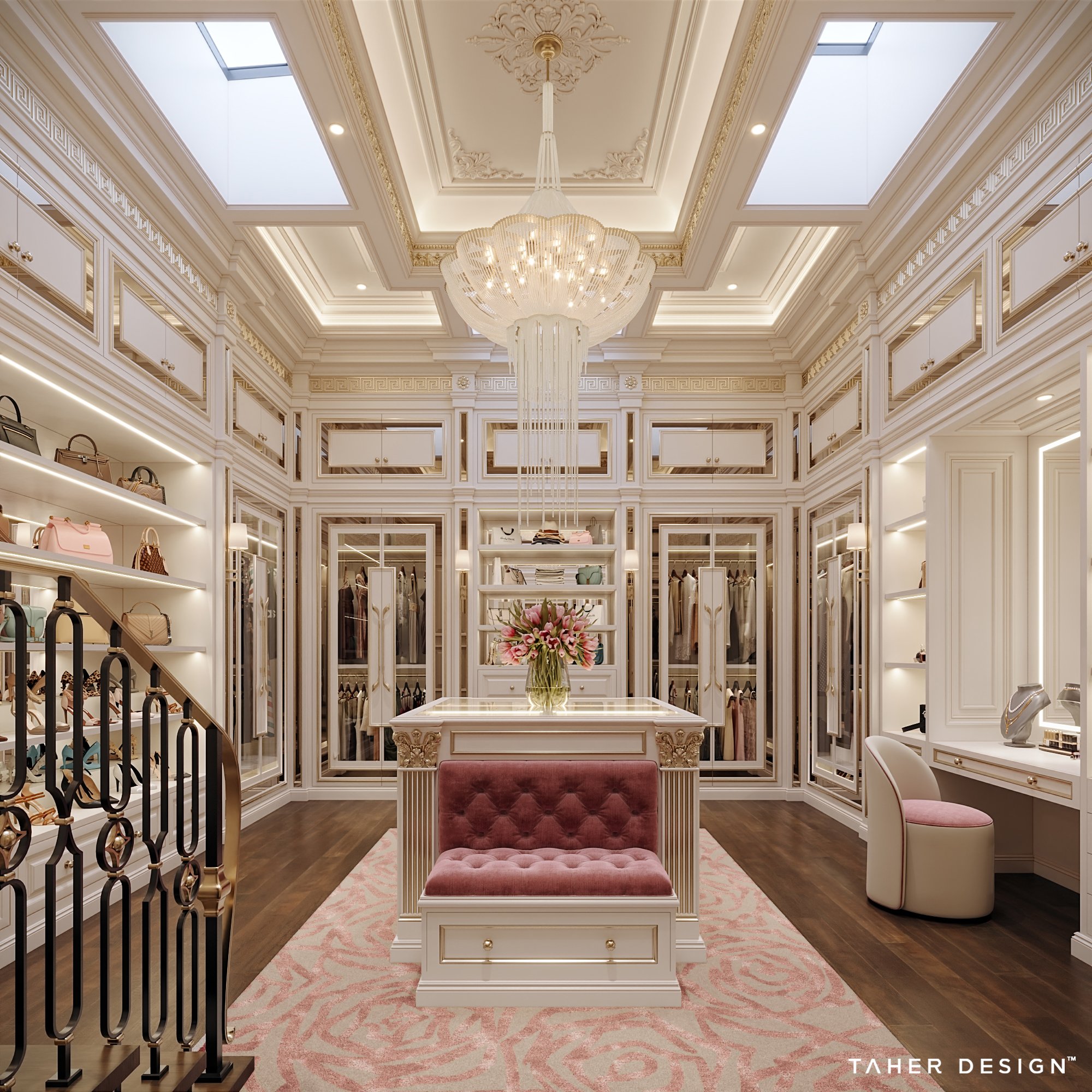 HER CLOSET

A private dressing space designed as a refined personal boutique &mdash; combining bespoke millwork, illuminated wardrobes, a sculptural central island, and layered classical detailing.

Every element was designed to make the everyday rit