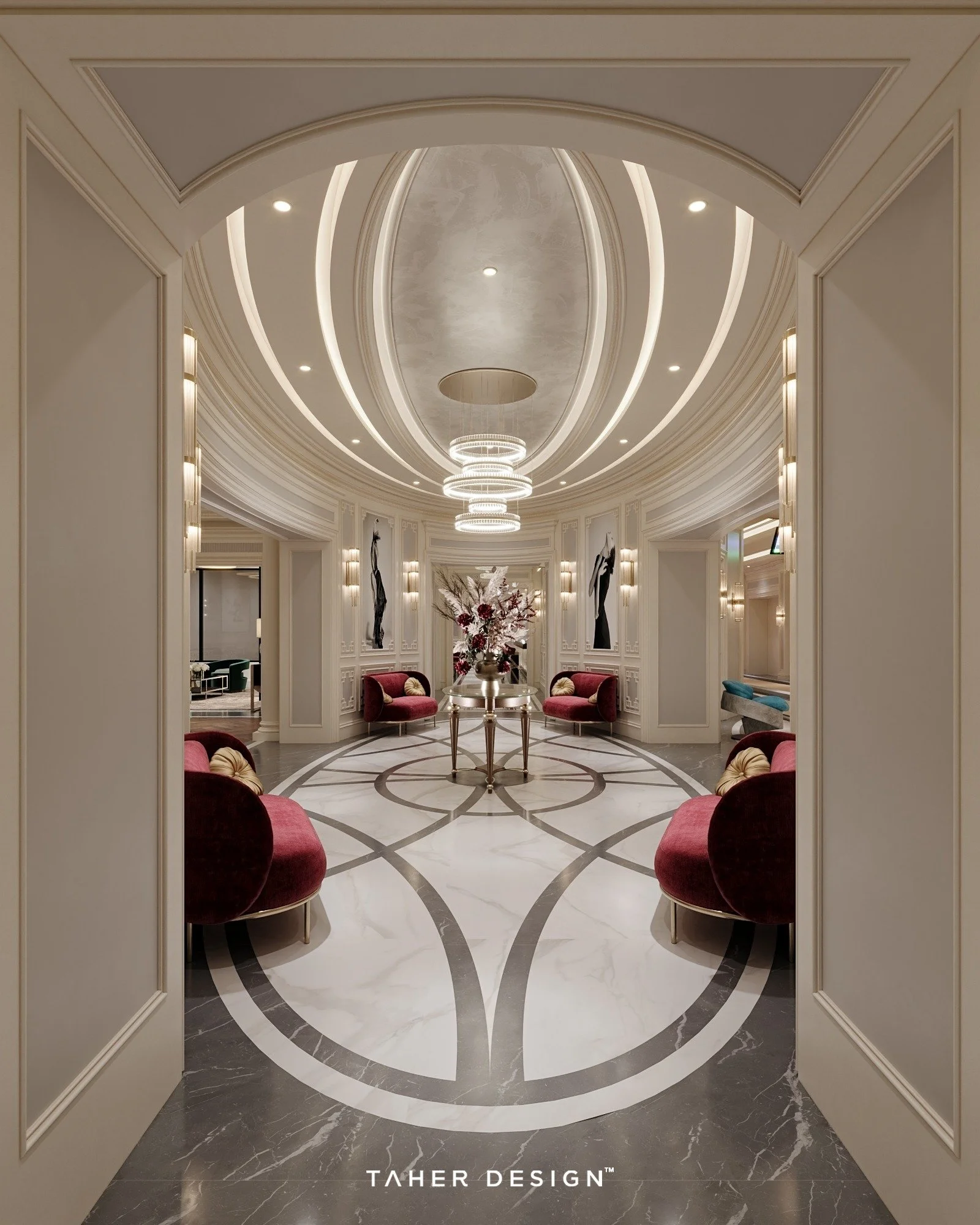 Basement Gallery Hall | Atlanta Mega Mansion.

A transitional space designed as an experience rather than simply a passage. layered classical detailing, bespoke marble flooring, sculptural lighting, and rich burgundy accents create a refined cinemati