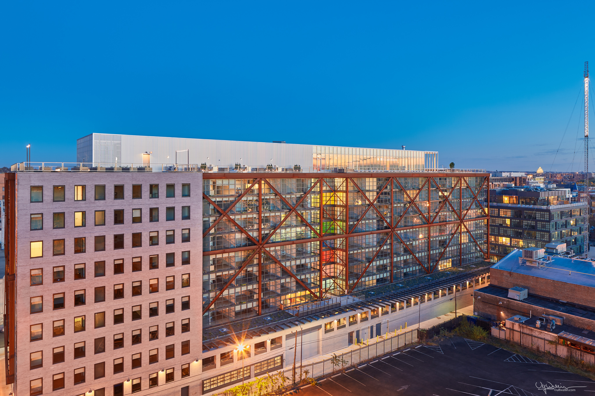 Atlantic Plumbing building at dusk