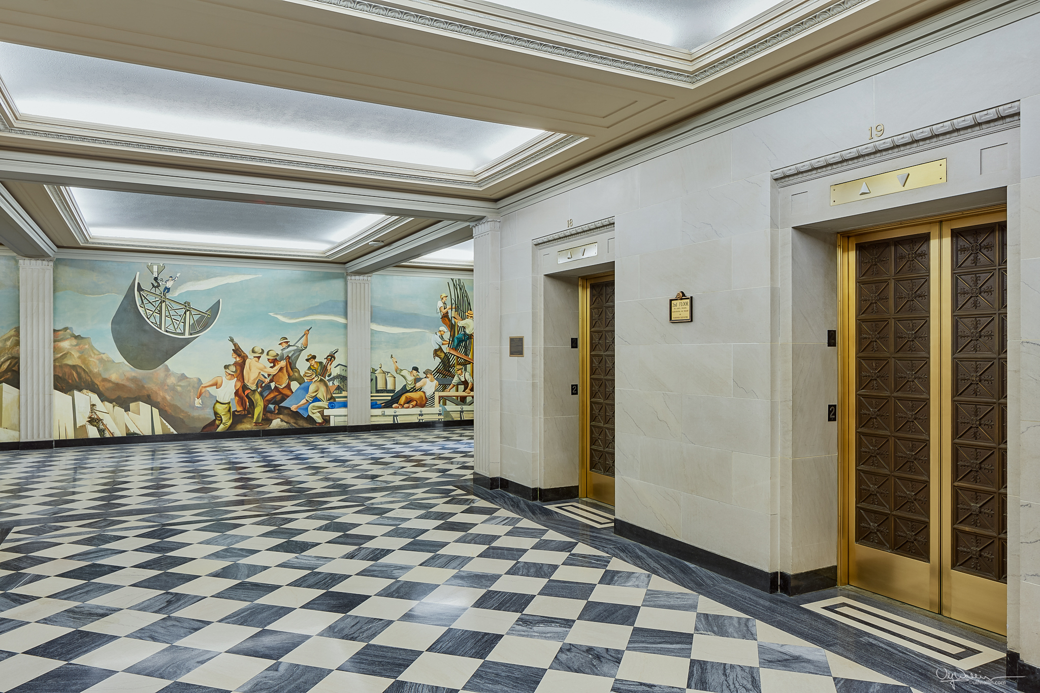 Historical mural and elevator lobby