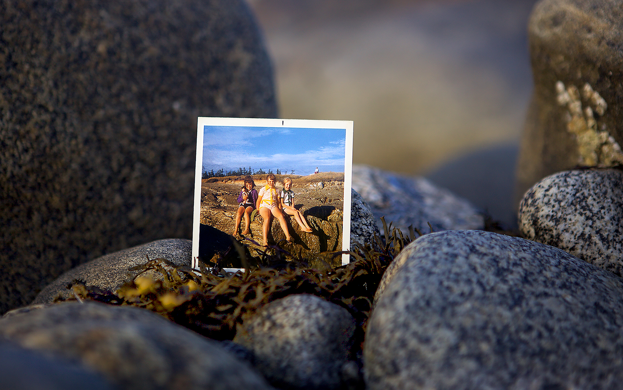  My sisters Kim (middle) and Heather (right) and I perch on a rock while our Auntie Enid watches from afar. We spent childhood summers at her cottage at Sebim Beach, Shelburne County. 