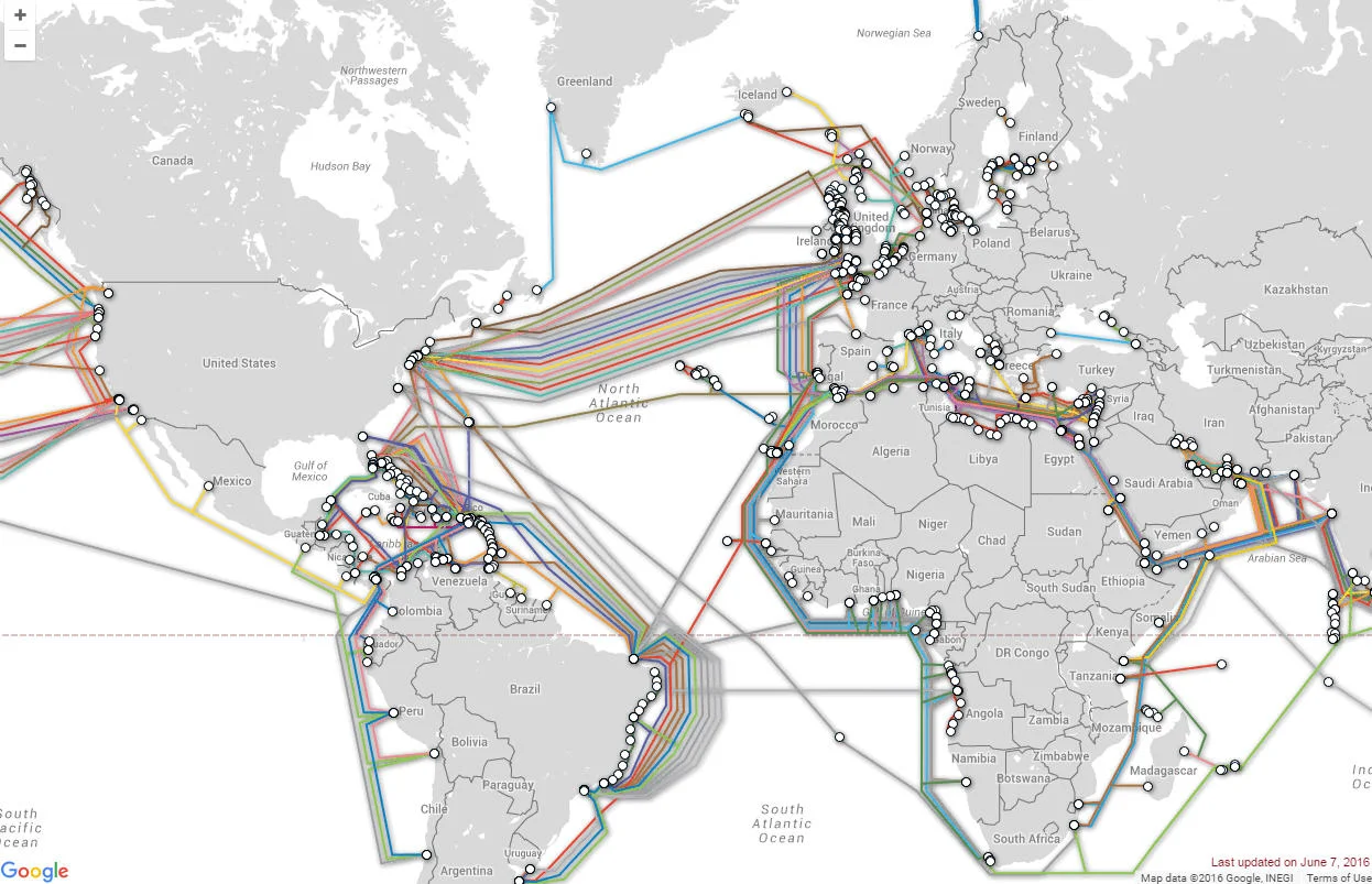 Карта интернет кабелей в мире