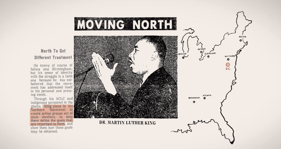 A collage of images sequences onto screen from King's visit to DC