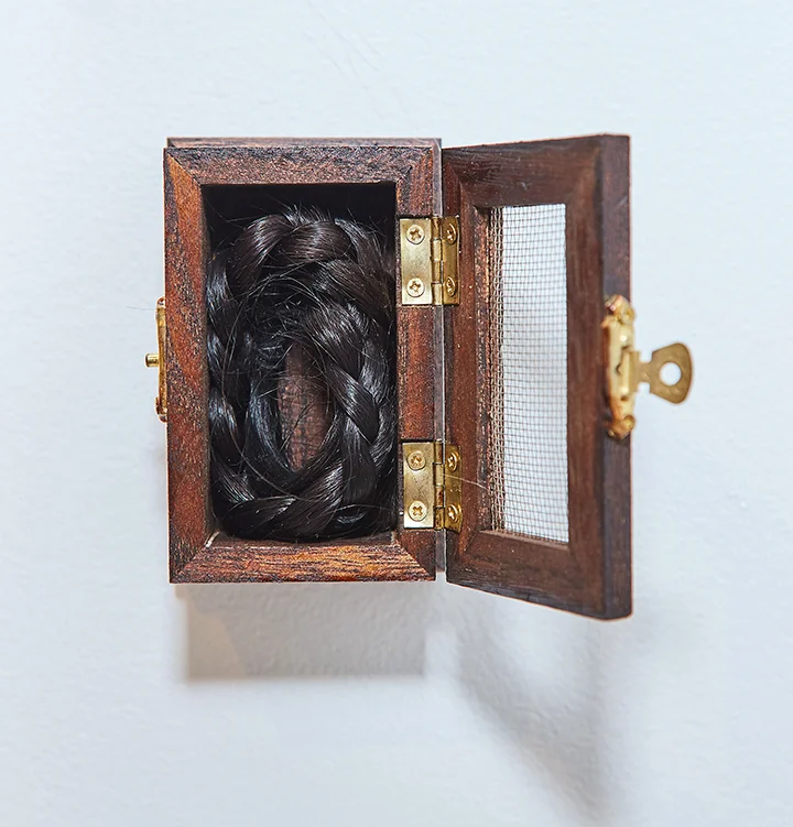 Braid Box , 2016 | Wood, brass, hair of artist | 4" x 2.5" x 2"