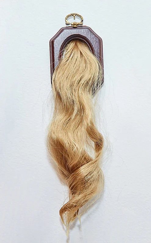 Ponytail 2 , 2016 | Synthetic hair, beeswax, wooden frame | 9" x 3" 