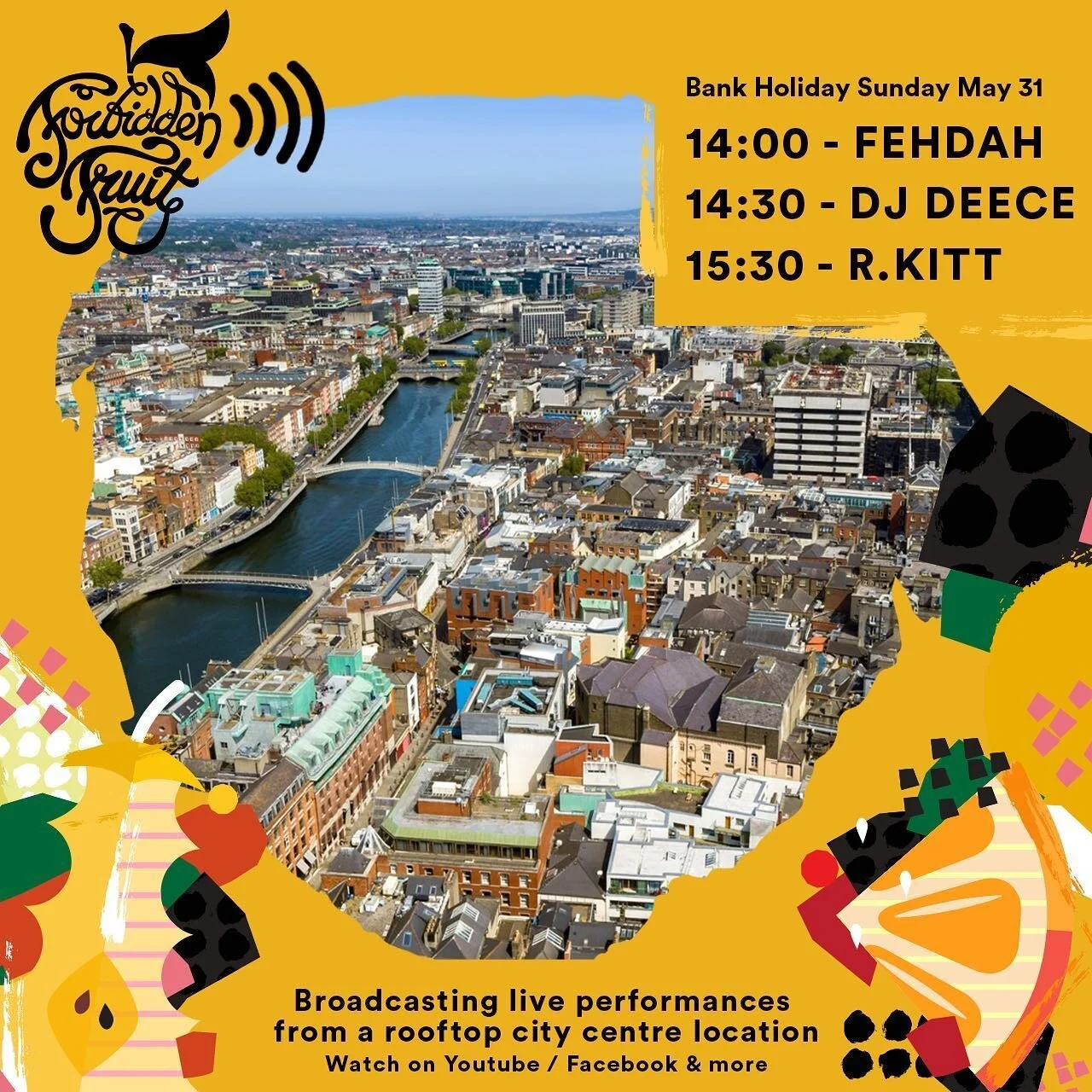 The weather is somewhat bittersweet, this weekend was set to be our 10th anniversary and a scorcher to match. ☀️☀️ Tune in this Bank Holiday Sunday from 2 PM as we will be broadcasting live performances and DJ sets from a rooftop location in the heart of Dublin City Centre, so you can stay home, get dress-up, pour yourself a cold drink and enjoy the weather listening to @djdeece @rkitt4eva &amp; @fehdahfoli ... 🇮🇪🇮🇪 Most importantly we asked each performer to choose a charity for us to donate to, and we ask you to do the same. Everyone who donates more than &euro;2 &amp; TAG, two friends, in the comments of the LIVE STEAMS will be entered into COMPETITION for a chance to win X2 weekend tickets for next years festival. ❤️ Charities include alone.ie/, jigsaw.ie/ &amp; masi.ie/

A reminder to stay safe &amp; sensible this weekend. We miss you all and can't wait to get back to the Bank Holiday Weekend we know best for Forbidden Fruit Festival 2021. 
All our love, FF Team ❤️