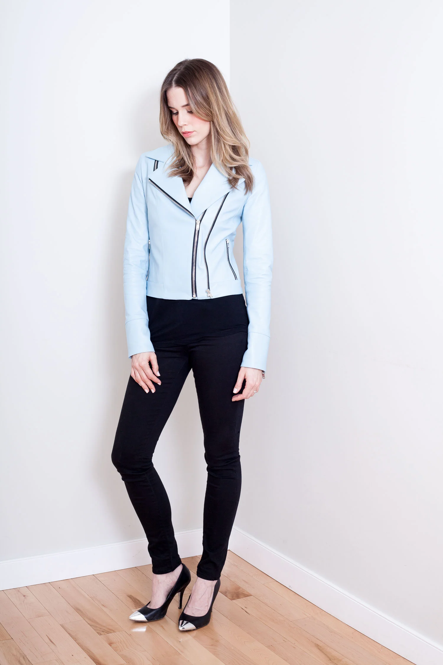 Powder Blue Motorcycle Jacket Front View Zipped.jpg