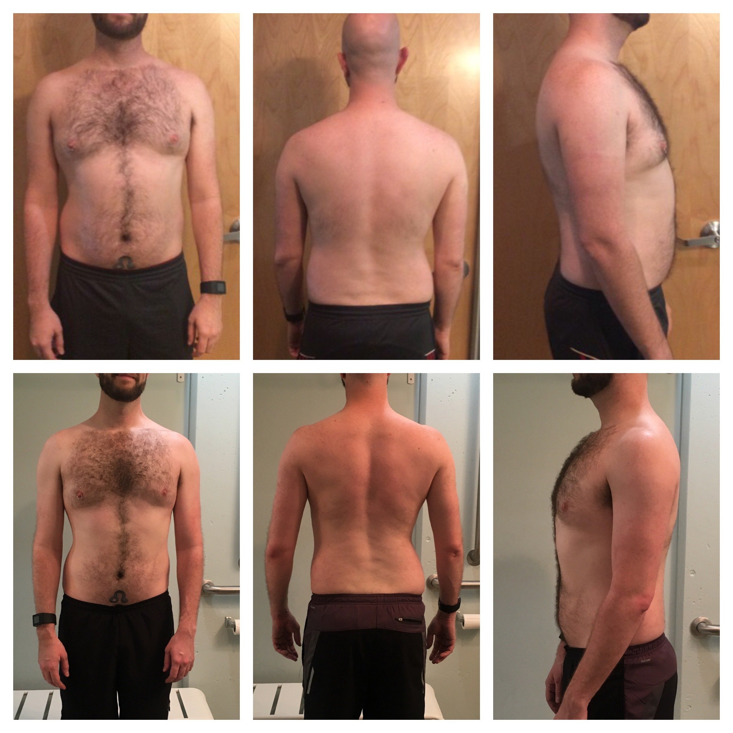 Collage de fotos mostrando el progreso físico de una persona, con imágenes de frente, de espaldas y de perfil.