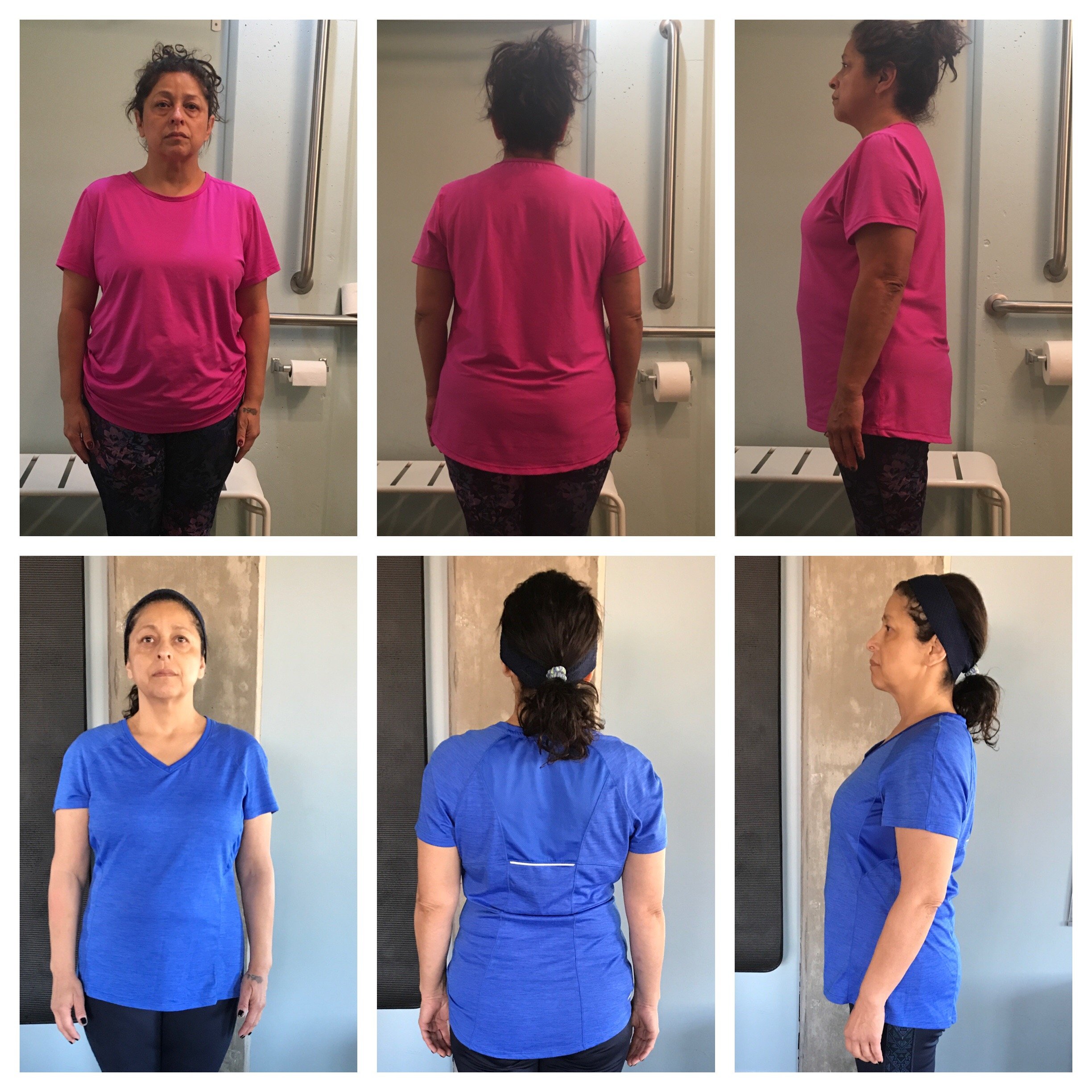 Comparación de imágenes de una mujer vistiendo camisetas de diferentes colores en varias posiciones: de frente, de espaldas y de perfil.