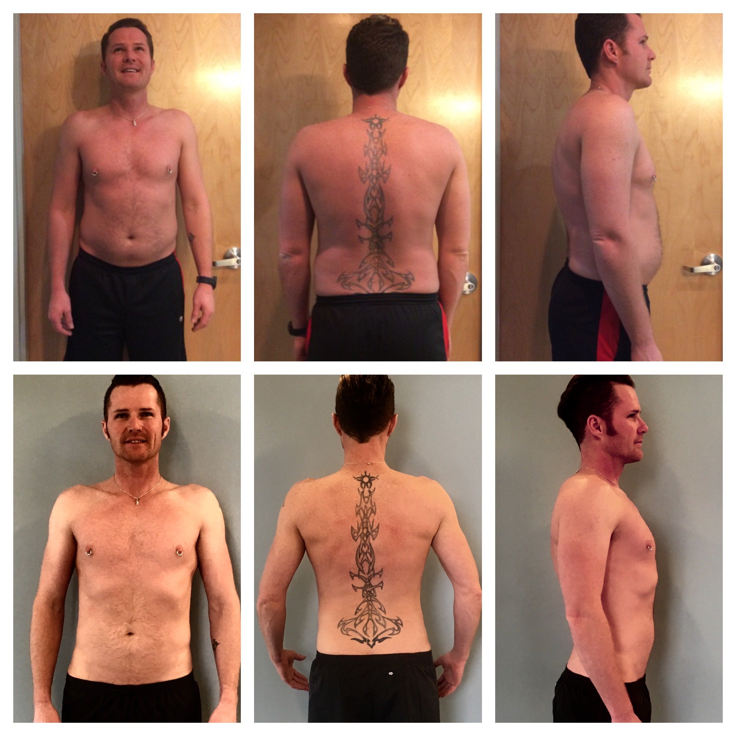 Dos conjuntos de fotos de un hombre de pie, mostrando su progreso físico. Cada conjunto incluye vistas frontal, trasera y lateral. El hombre tiene tatuajes en la espalda.