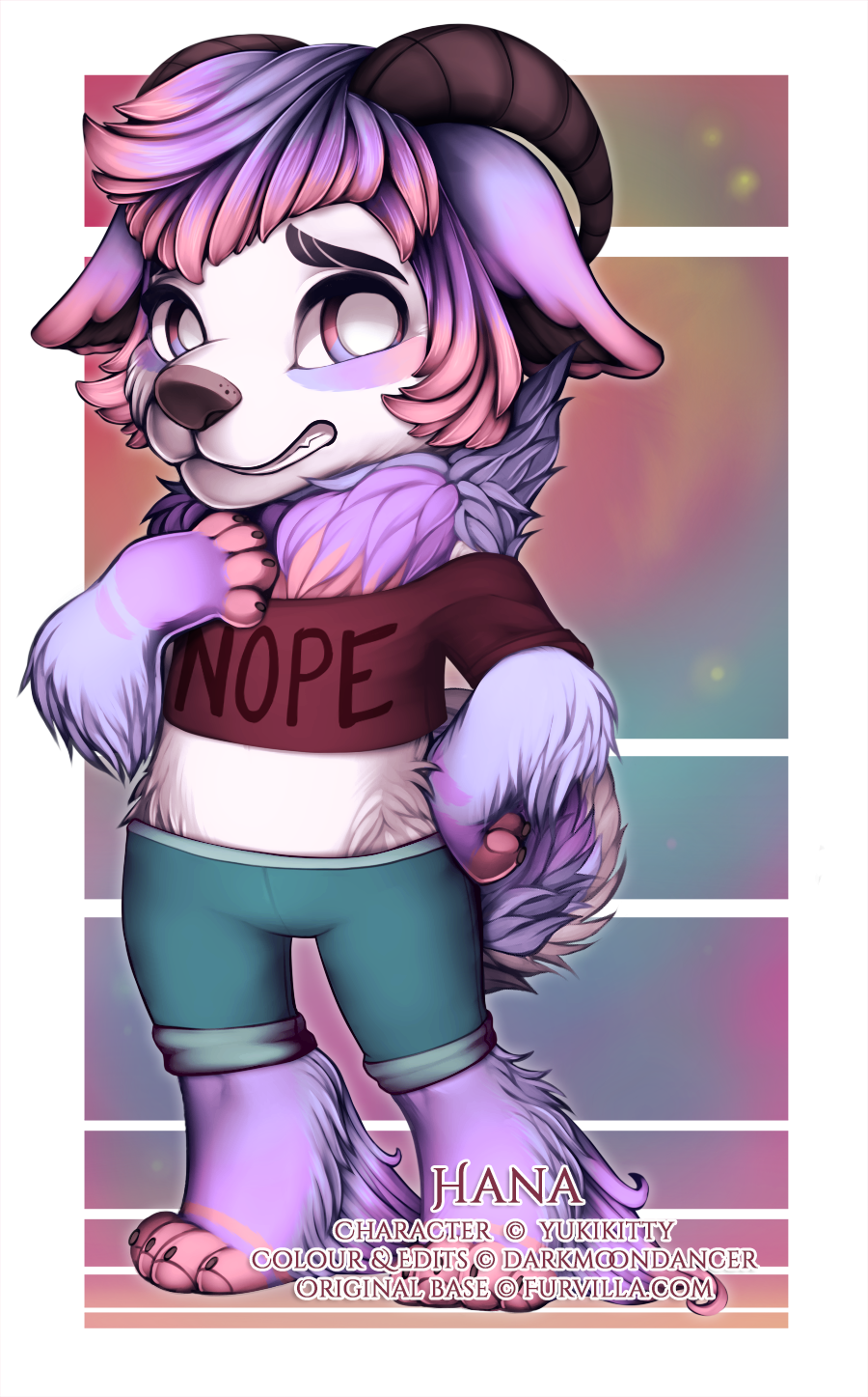 This is Hana (c) YukiKitty, and I got to do the colours as well as edit in the hair, horns, ears, expression change, shirt, pants, foot fluff and alteration to the tail!