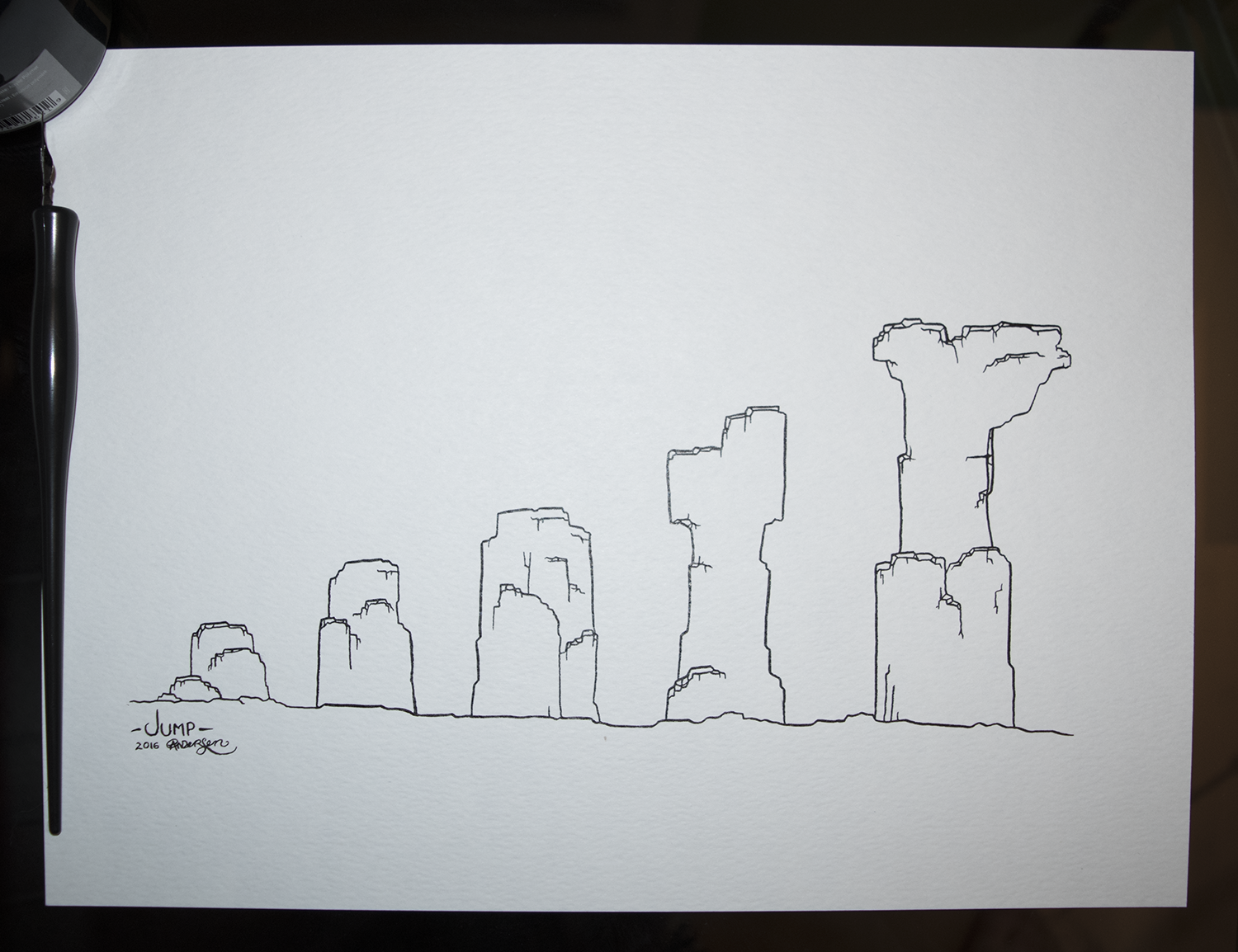 Original piece as shown, completed in black ink on white 90lb paper. 9x12