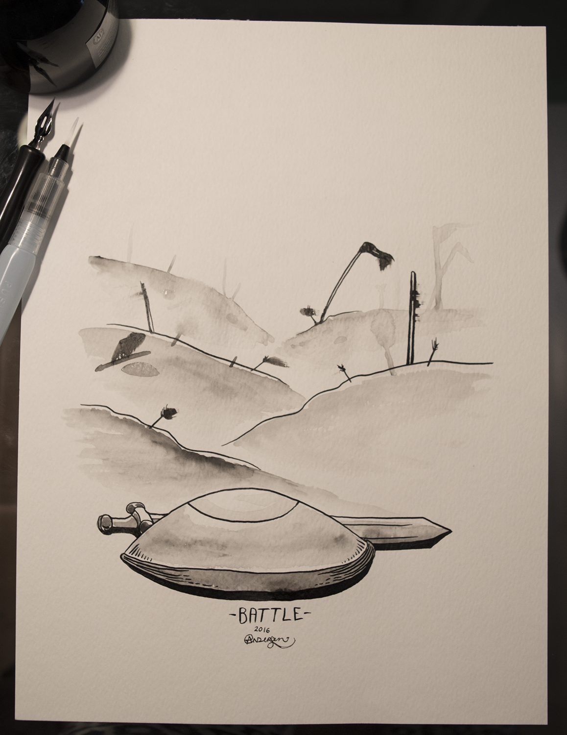 Original piece as shown, black ink & watercolour on white 90lb paper, 9x12