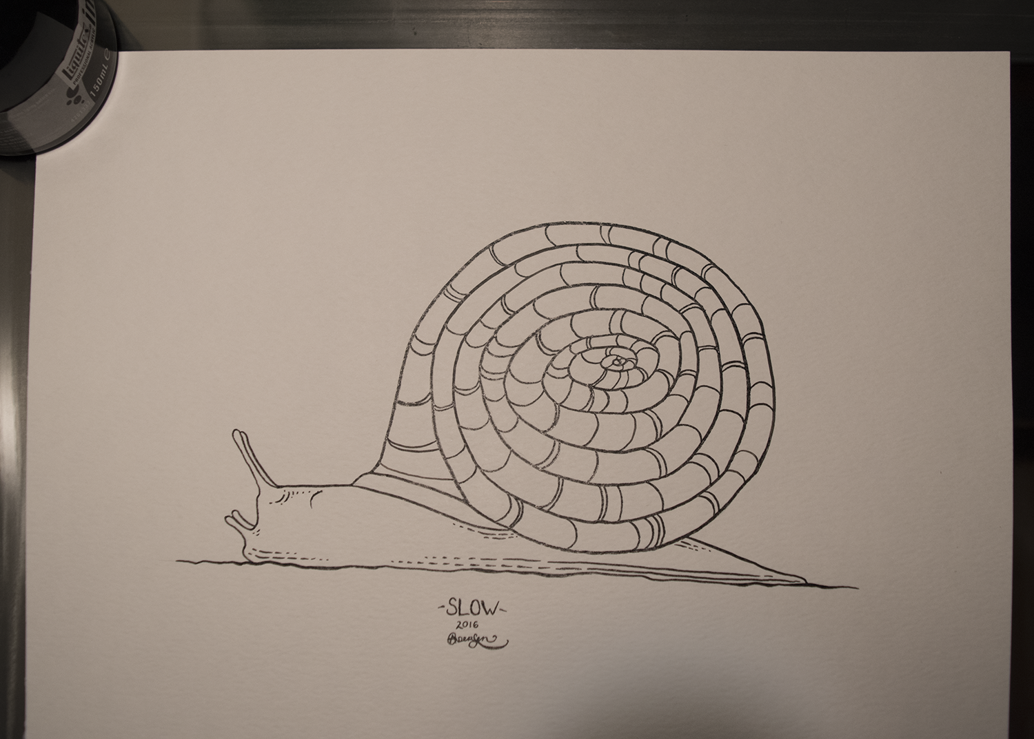 Original piece as shown (apologies for the shadow at the bottom), black ink on white 90lb paper, 9x12