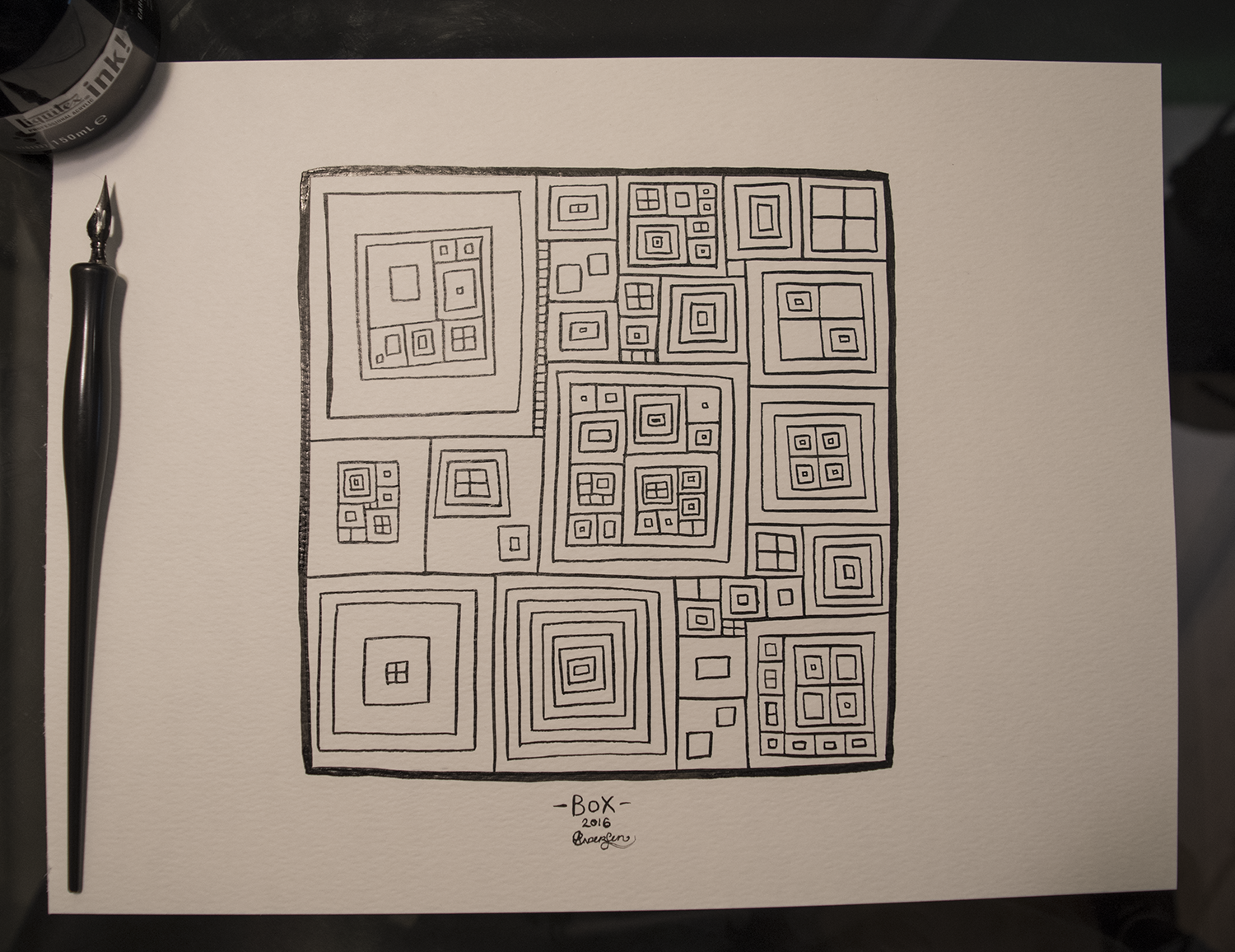 Original as shown, black ink on white 90lb paper, 9x12
